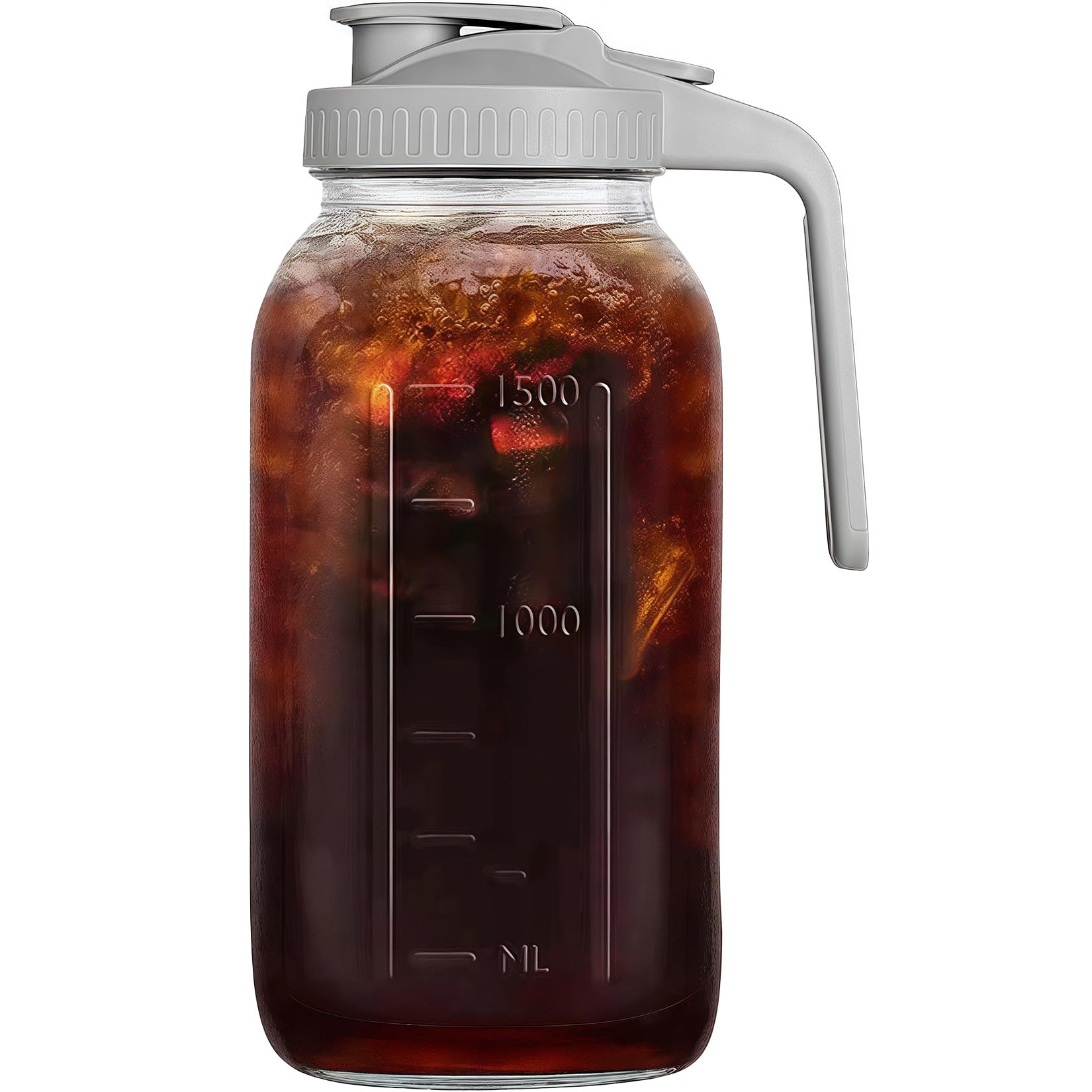 64oz Glass Pitcher with Handle and Lid, 2 Quart Mason Jar Pitcher - Airtight & Leakproof Water Jug with Pour Spout Lid, Glass Containers for Fridge, Perfect for Juice, Cold Brew, Iced & Sun Tea