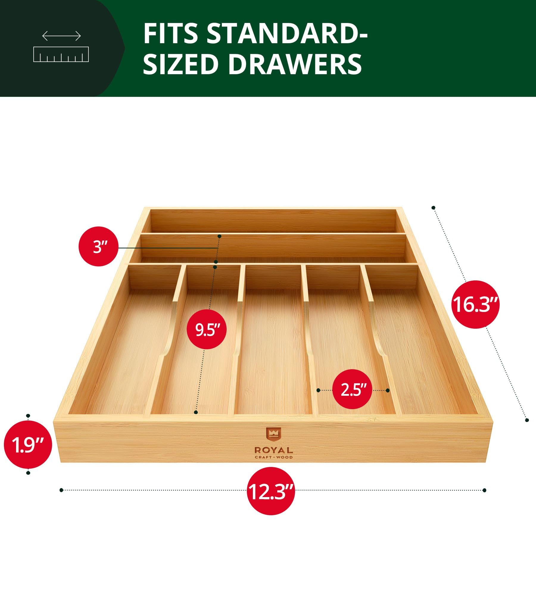 ROYAL CRAFT WOOD Luxury Bamboo Kitchen Drawer Organizer - Silverware Organizer, Utensil Holder & Cutlery Tray Drawer Dividers for Flatware (9 Slot, Natural)