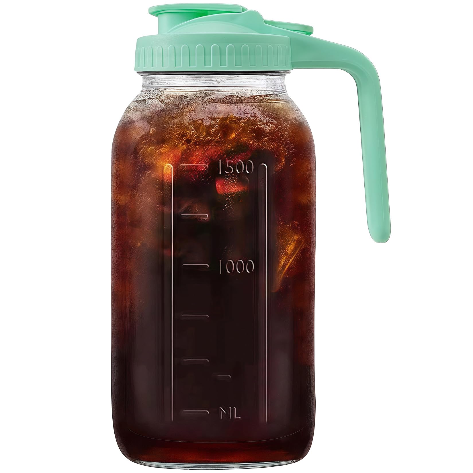 64oz Glass Pitcher with Handle and Lid, 2 Quart Mason Jar Pitcher - Airtight & Leakproof Water Jug with Pour Spout Lid, Glass Containers for Fridge, Perfect for Juice, Cold Brew, Iced & Sun Tea