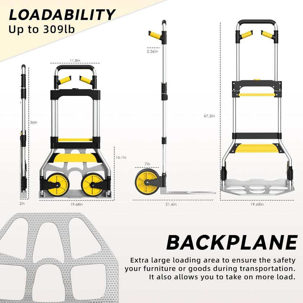 Leeyoung Folding Hand Truck and Dolly,309 lb Capacity Aluminum Portable Cart with Telescoping Handle and PP+EVA Wheels