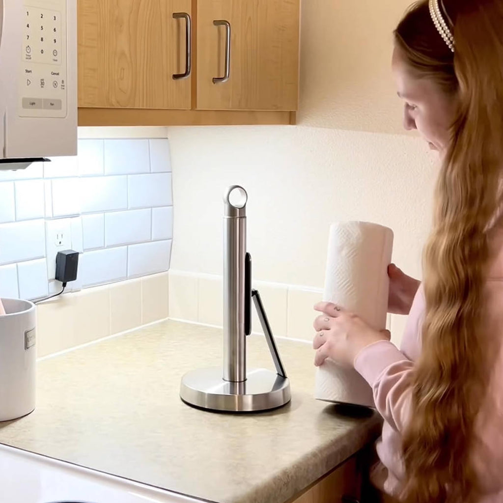 theaoo Heavy-Duty Stainless Steel Paper Towel Holder with Tension Arm – Easy One-Handed Tear, Modern Standing Countertop Dispenser for Kitchen, Holds All Paper Towel Rolls (1, Black)