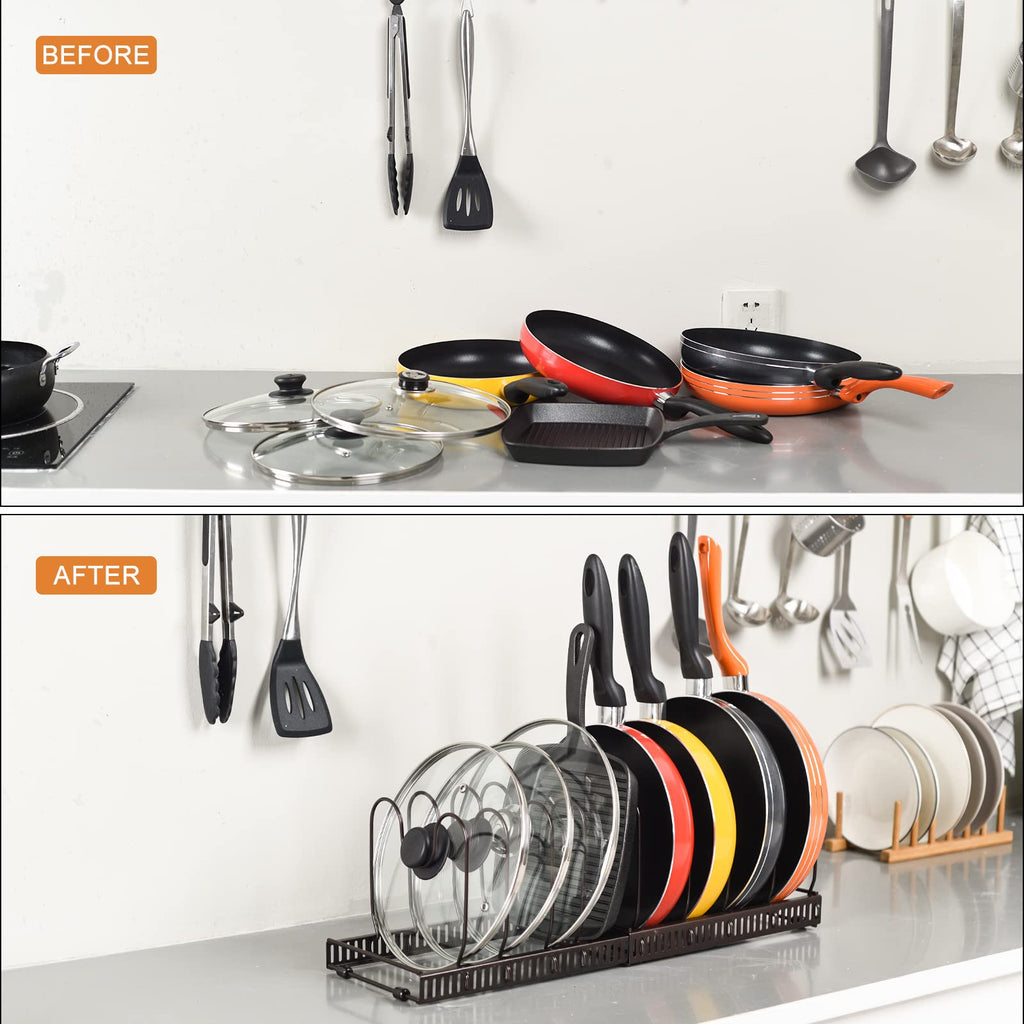 Toplife Pots and Pans Organizer Rack for Cabinet and Countertop, 10+ Pot Lids, Bakeware and Cookware Holder with 10 Adjustable Compartments - Black