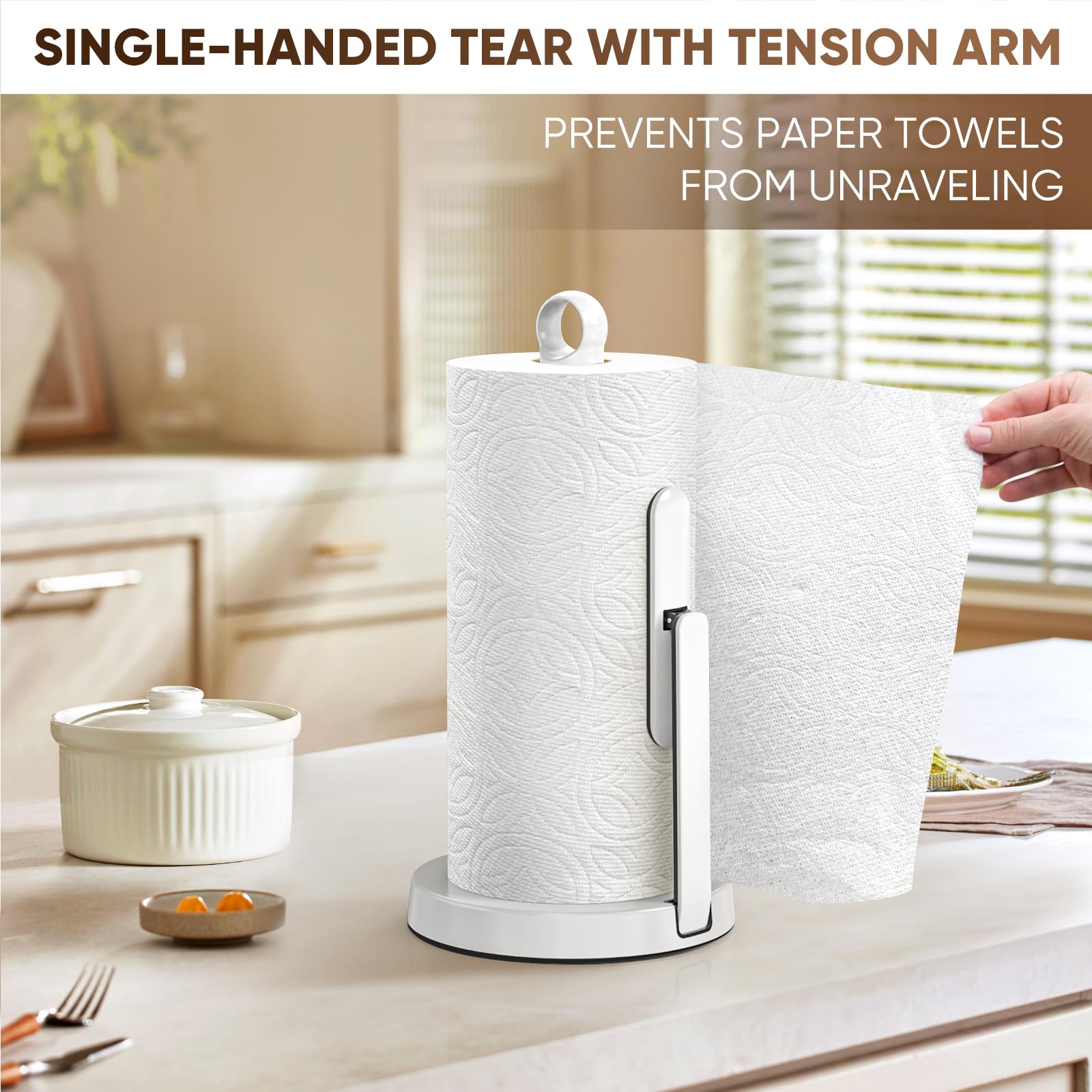 theaoo Heavy-Duty Stainless Steel Paper Towel Holder with Tension Arm – Easy One-Handed Tear, Modern Standing Countertop Dispenser for Kitchen, Holds All Paper Towel Rolls (1, Black)