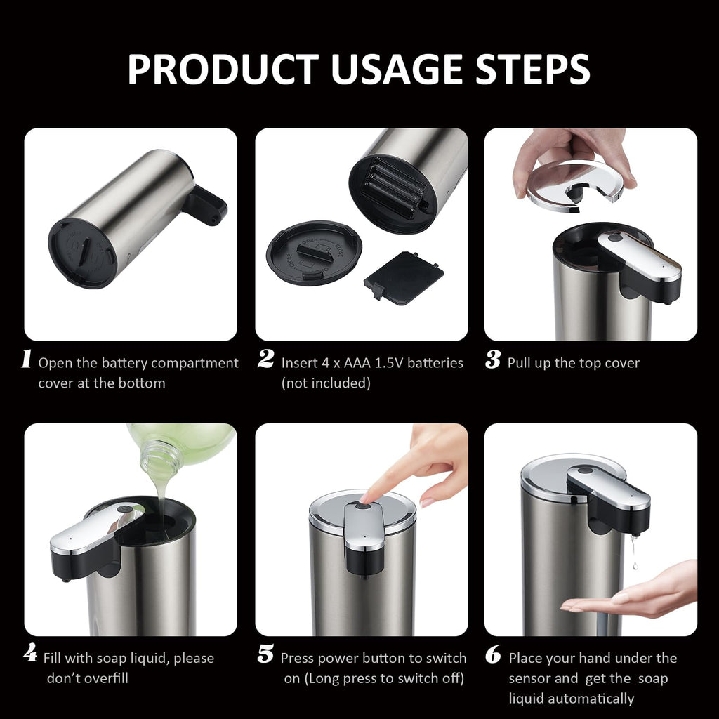 Automatic Soap Dispenser, Automatic Soap Dispenser Touchless, Kitchen & Bathroom, 3 Adjustable Volume for Liquid Soap, Water-Resistant, Hotel, Restaurant and School, Clog-Free, Stainless Steel