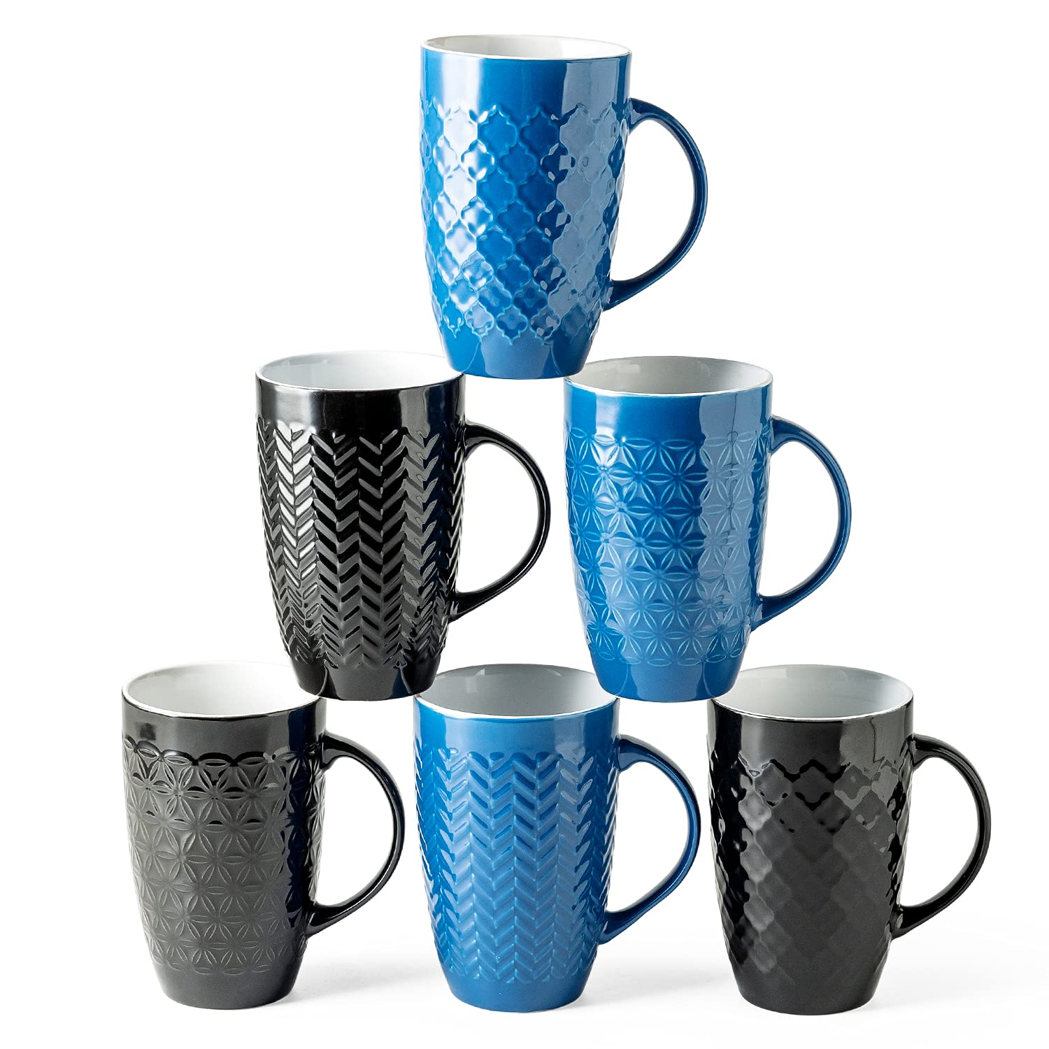 AmorArc Extra Large Coffee Mugs Set of 6, 20oz Ceramic Tall Coffee Mugs Set with Textured Geometric Patterns for Coffee/Tea/Beer/Hot Cocoa, Dishwasher & Microwave Safe,Beige