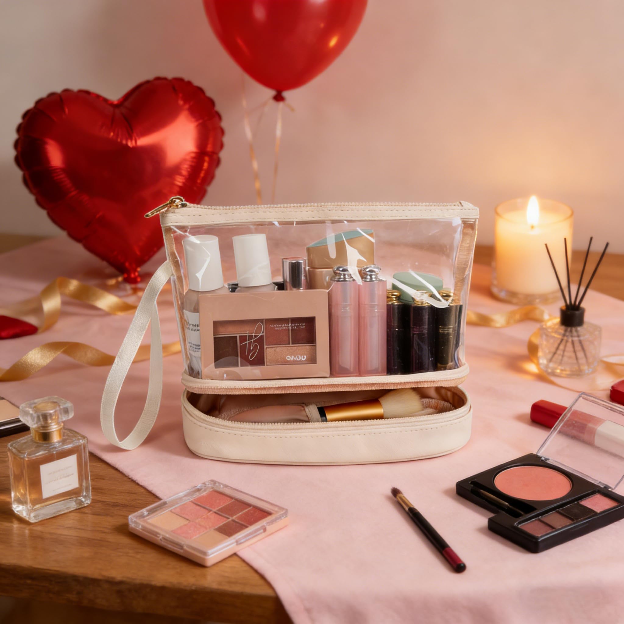 Ethereal Clear Makeup Bag, TSA Travel Makeup Organizer Bag Rose Gold Makeup Bags for Women Small Cosmetic Bag Portable Makeup Bag for Purse