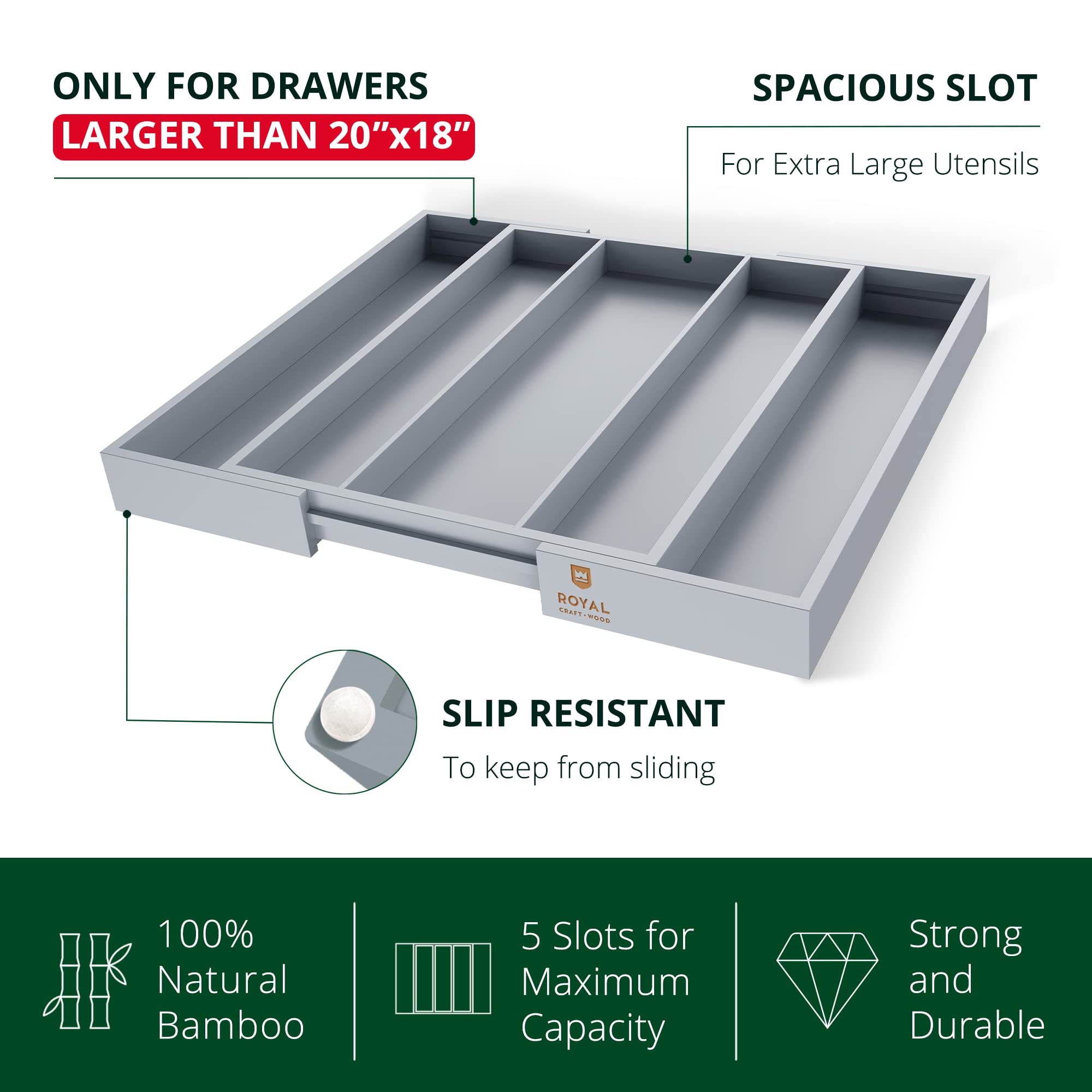 ROYAL CRAFT WOOD Luxury Bamboo Kitchen Drawer Organizer - Silverware Organizer, Utensil Holder & Cutlery Tray Drawer Dividers for Flatware (9 Slot, Natural)