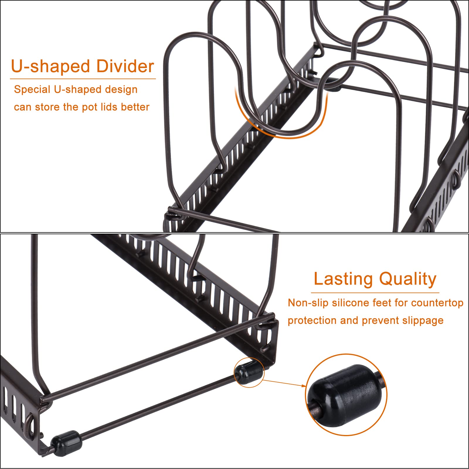 Toplife Pots and Pans Organizer Rack for Cabinet and Countertop, 10+ Pot Lids, Bakeware and Cookware Holder with 10 Adjustable Compartments - Black
