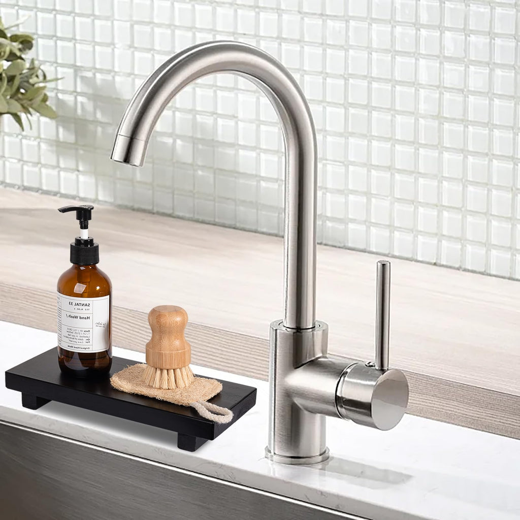 zoocatia Small Wood Tray Pedestal Stand Farmhouse Bathroom Decor Decorative Wooden Riser Kitchen Soap Dish Holder for Vanity, Counter, Sink, 9" x 5.9" - Black