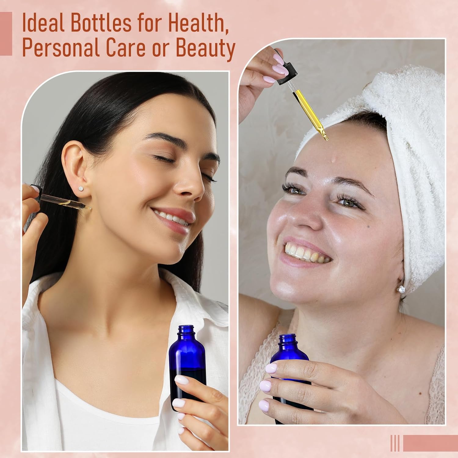 4 Pack, 2 oz Bottles with Dropper & 1 Funnel & 4 Labels - Essential Oils Bottles for Health, Personal Care & Beauty - 60ml Thick Dark Amber Glass Tincture Bottles, Refillable Cosmetic Containers