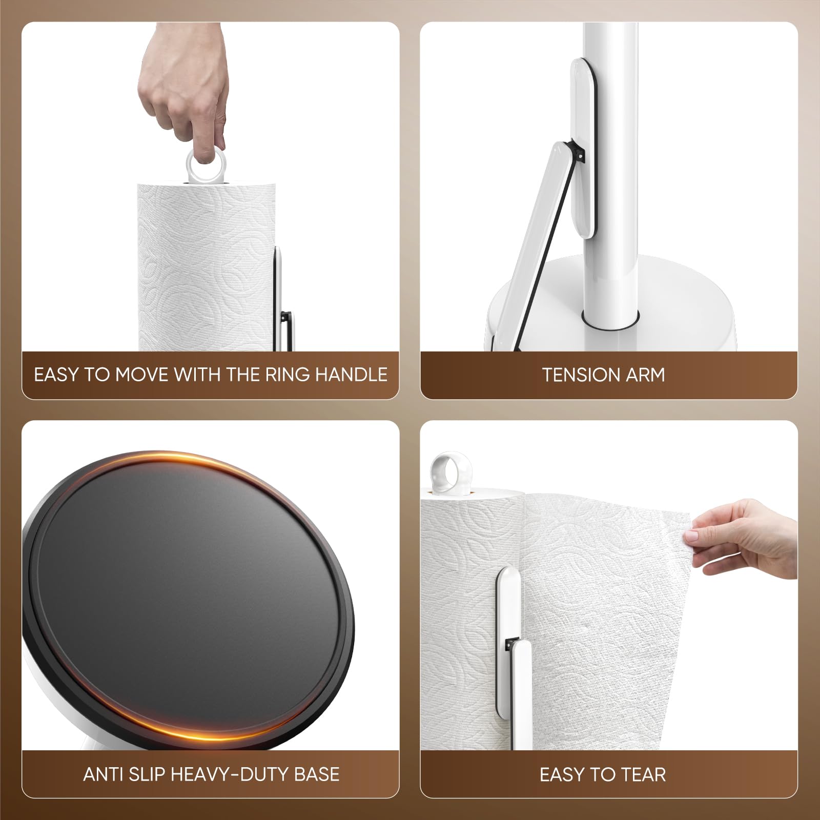 theaoo Heavy-Duty Stainless Steel Paper Towel Holder with Tension Arm – Easy One-Handed Tear, Modern Standing Countertop Dispenser for Kitchen, Holds All Paper Towel Rolls (1, Black)