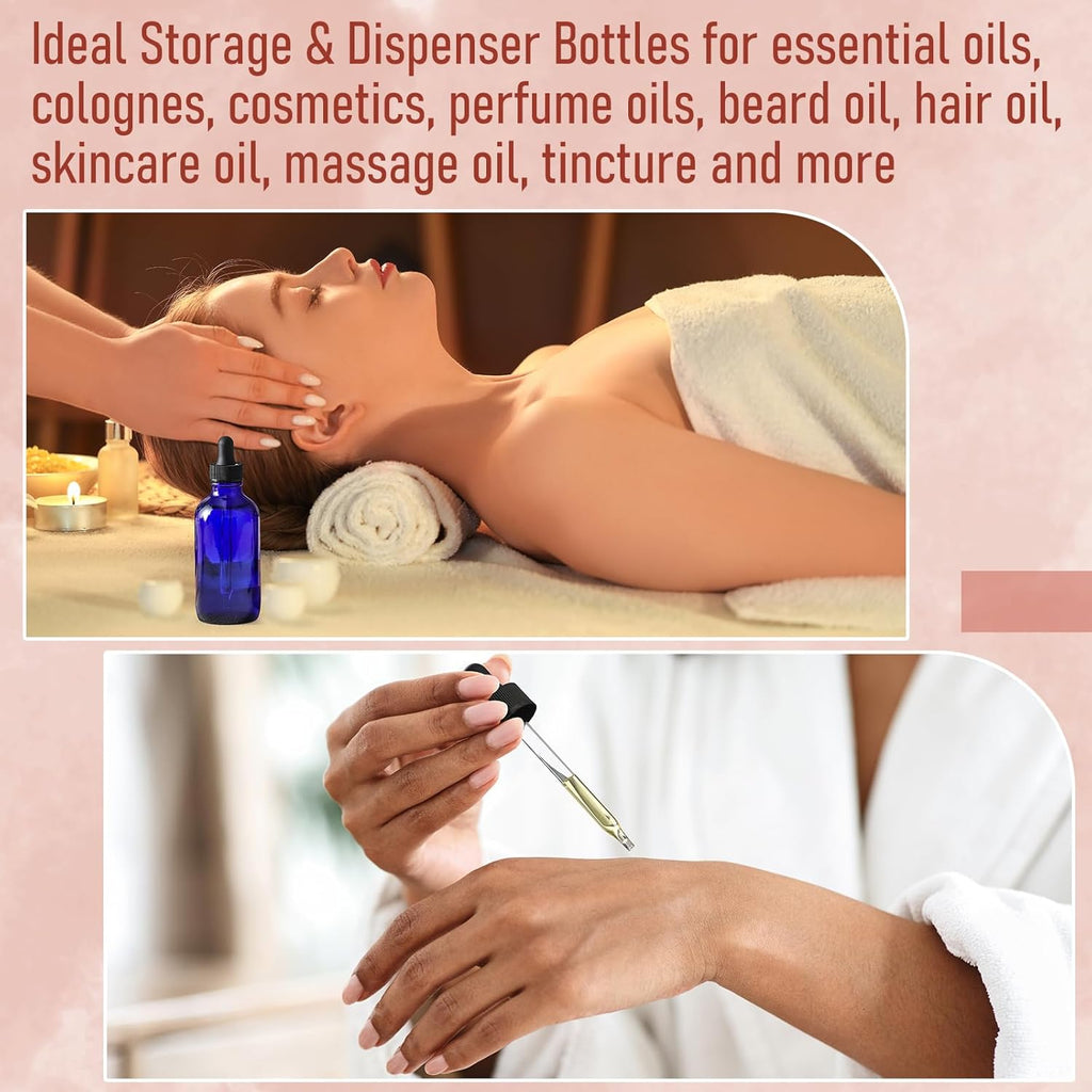 4 Pack, 2 oz Bottles with Dropper & 1 Funnel & 4 Labels - Essential Oils Bottles for Health, Personal Care & Beauty - 60ml Thick Dark Amber Glass Tincture Bottles, Refillable Cosmetic Containers