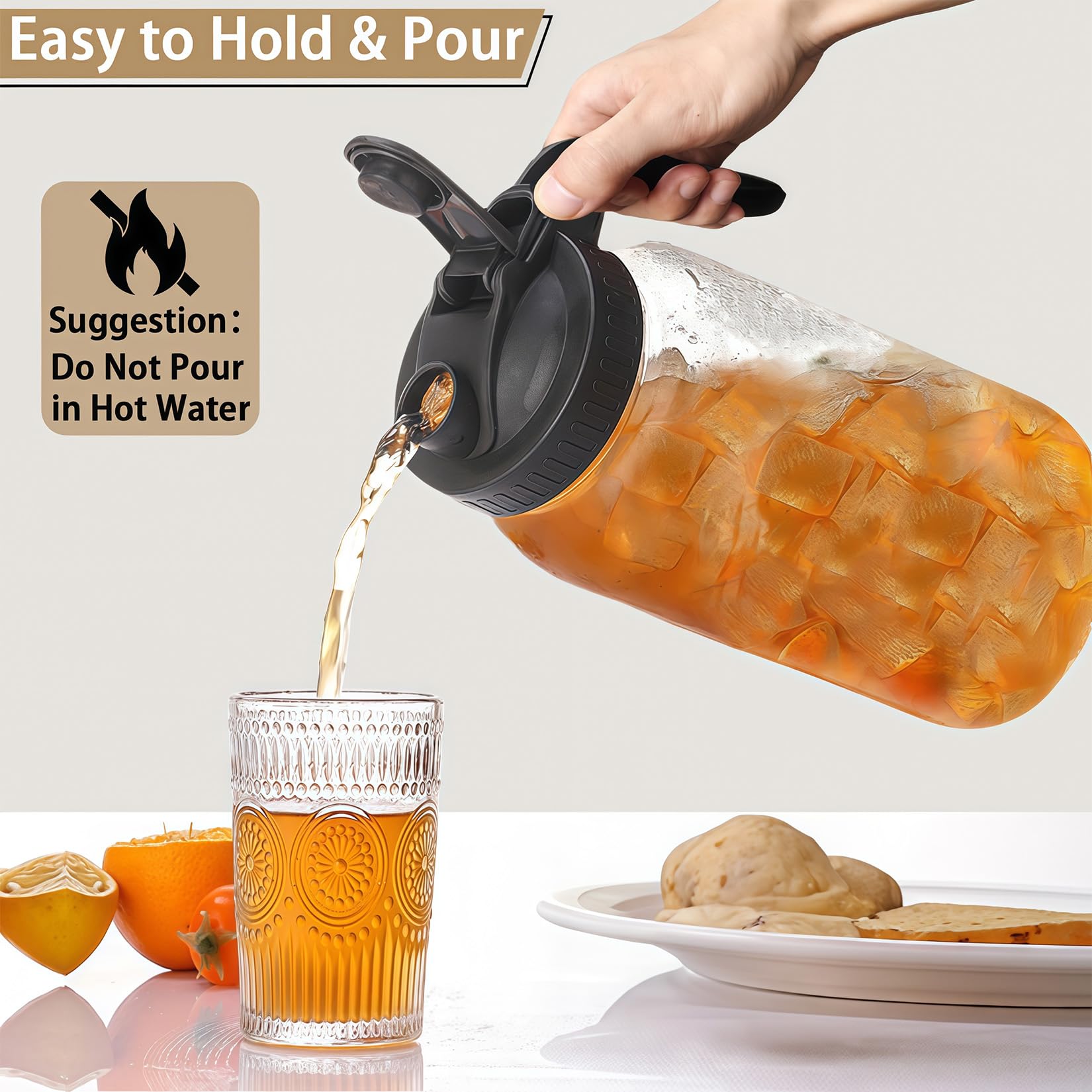 64oz Glass Pitcher with Handle and Lid, 2 Quart Mason Jar Pitcher - Airtight & Leakproof Water Jug with Pour Spout Lid, Glass Containers for Fridge, Perfect for Juice, Cold Brew, Iced & Sun Tea