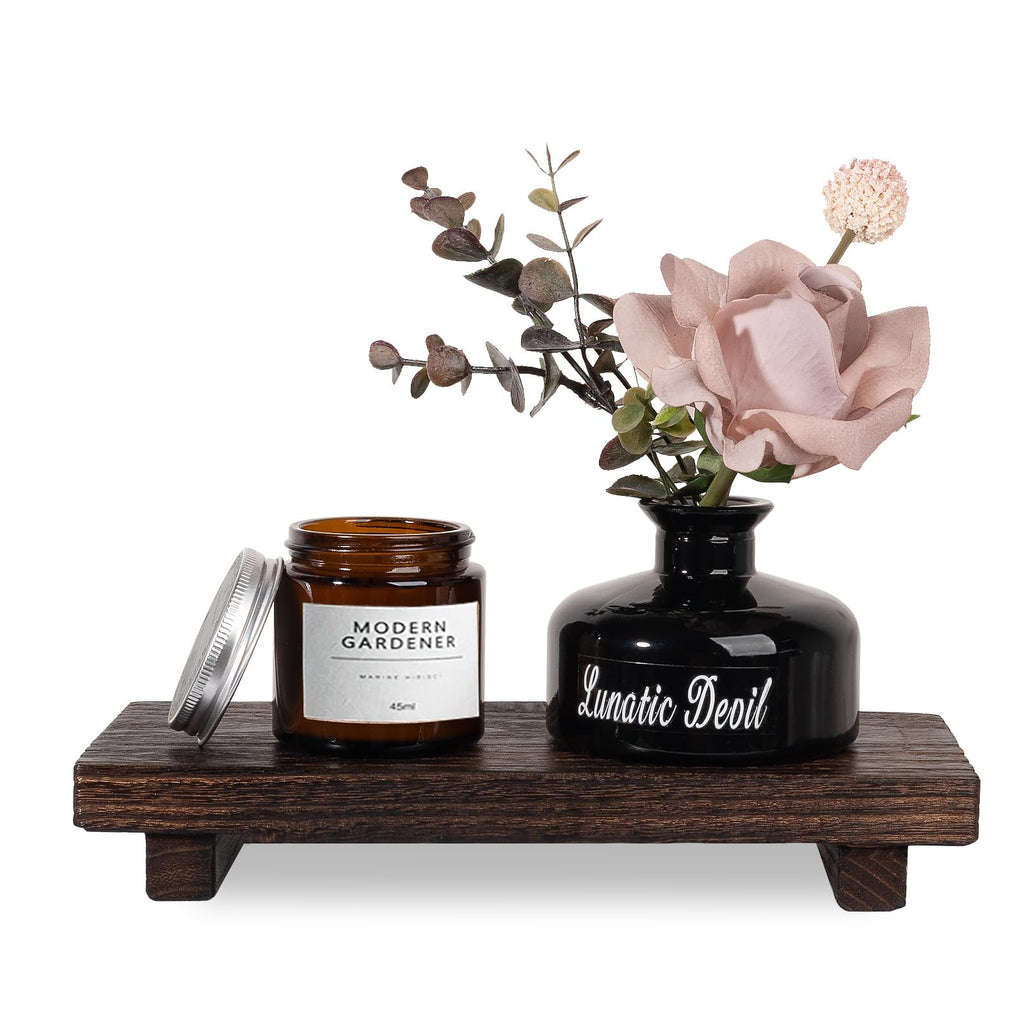 zoocatia Small Wood Tray Pedestal Stand Farmhouse Bathroom Decor Decorative Wooden Riser Kitchen Soap Dish Holder for Vanity, Counter, Sink, 9" x 5.9" - Black