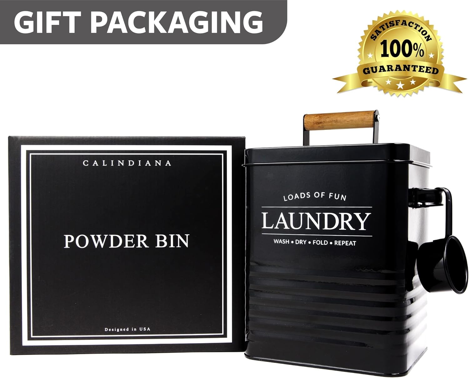 Calindiana Modern Farmhouse Metal Laundry Soap Dispenser Container Holder with Scoop for Laundry Room Decor and Space Saving Laundry Room Organization and Storage, Laundry Powder Container, Black