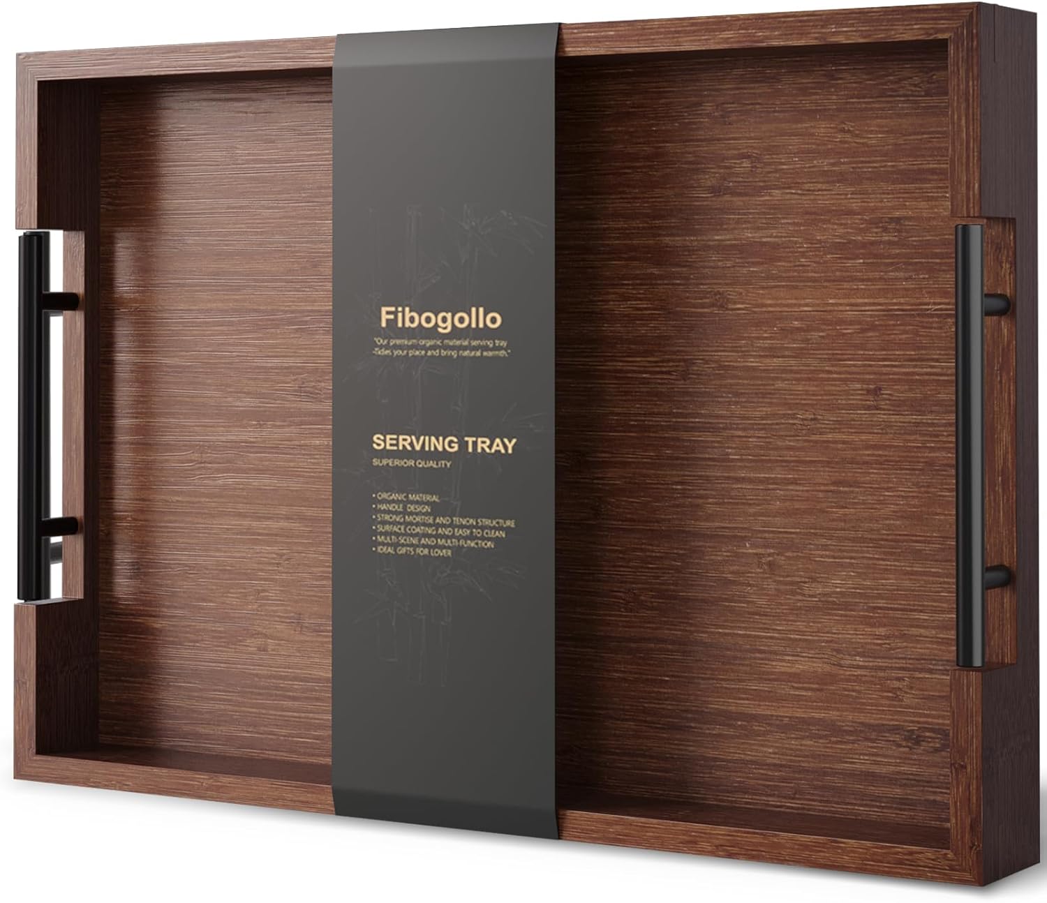 Bamboo Set of 2 Serving Tray with Metal Handles,Ottoman Decorative Trays Platter for Coffee Table,Living Room,Bar,Party(Black)