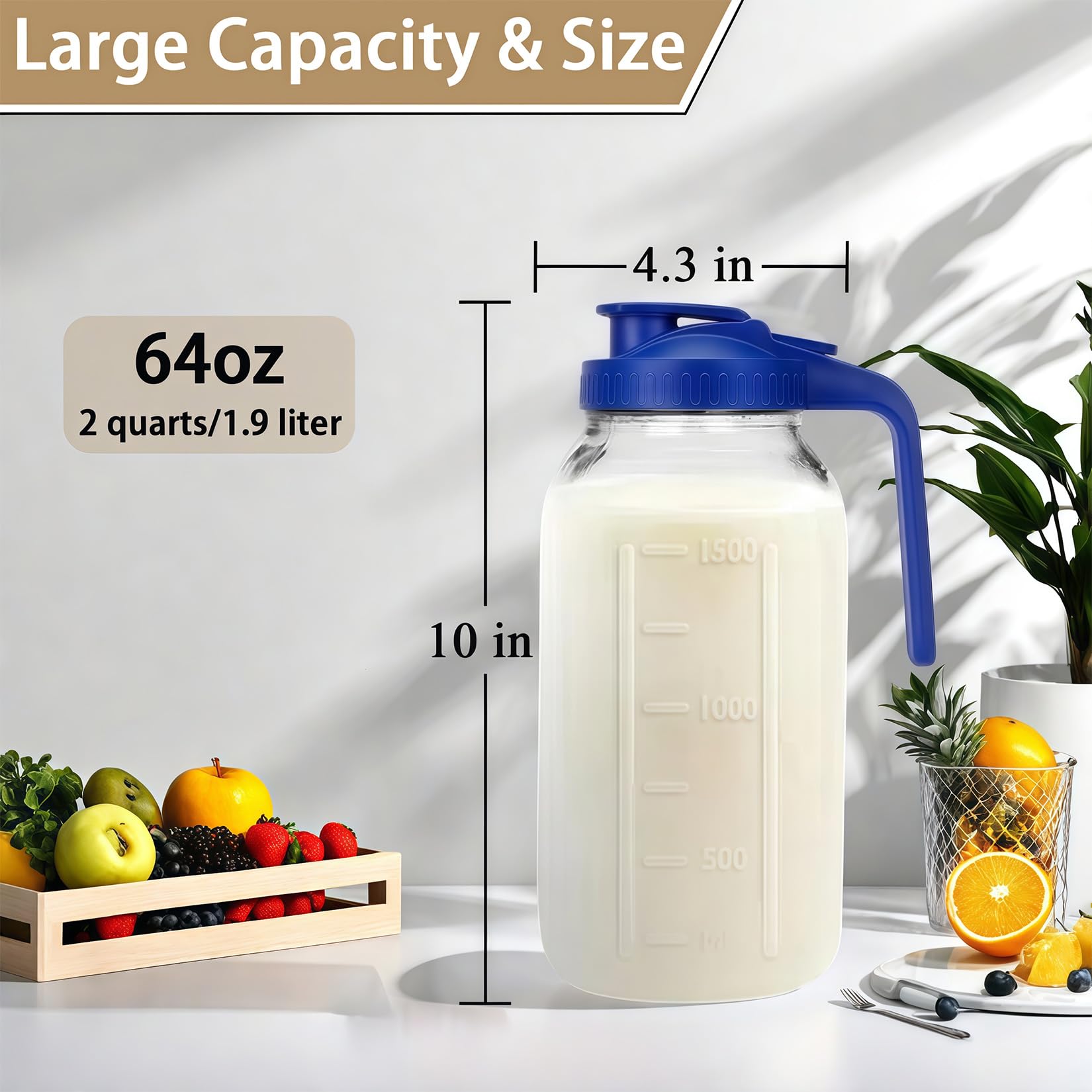 64oz Glass Pitcher with Handle and Lid, 2 Quart Mason Jar Pitcher - Airtight & Leakproof Water Jug with Pour Spout Lid, Glass Containers for Fridge, Perfect for Juice, Cold Brew, Iced & Sun Tea