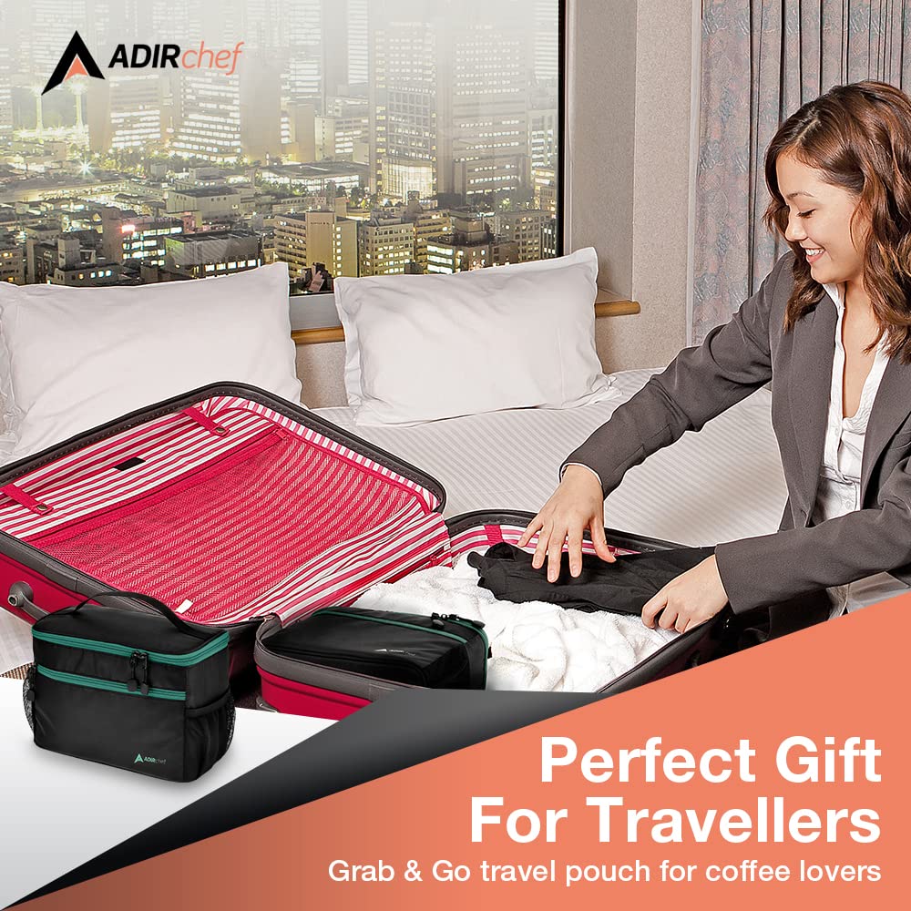 Adir Mini Single Serve Travel Coffee Maker Pouch Organizer, Portable For Travel, Camping, Office Lunch Bag For Grab & Go Daily Use (Black & Green)