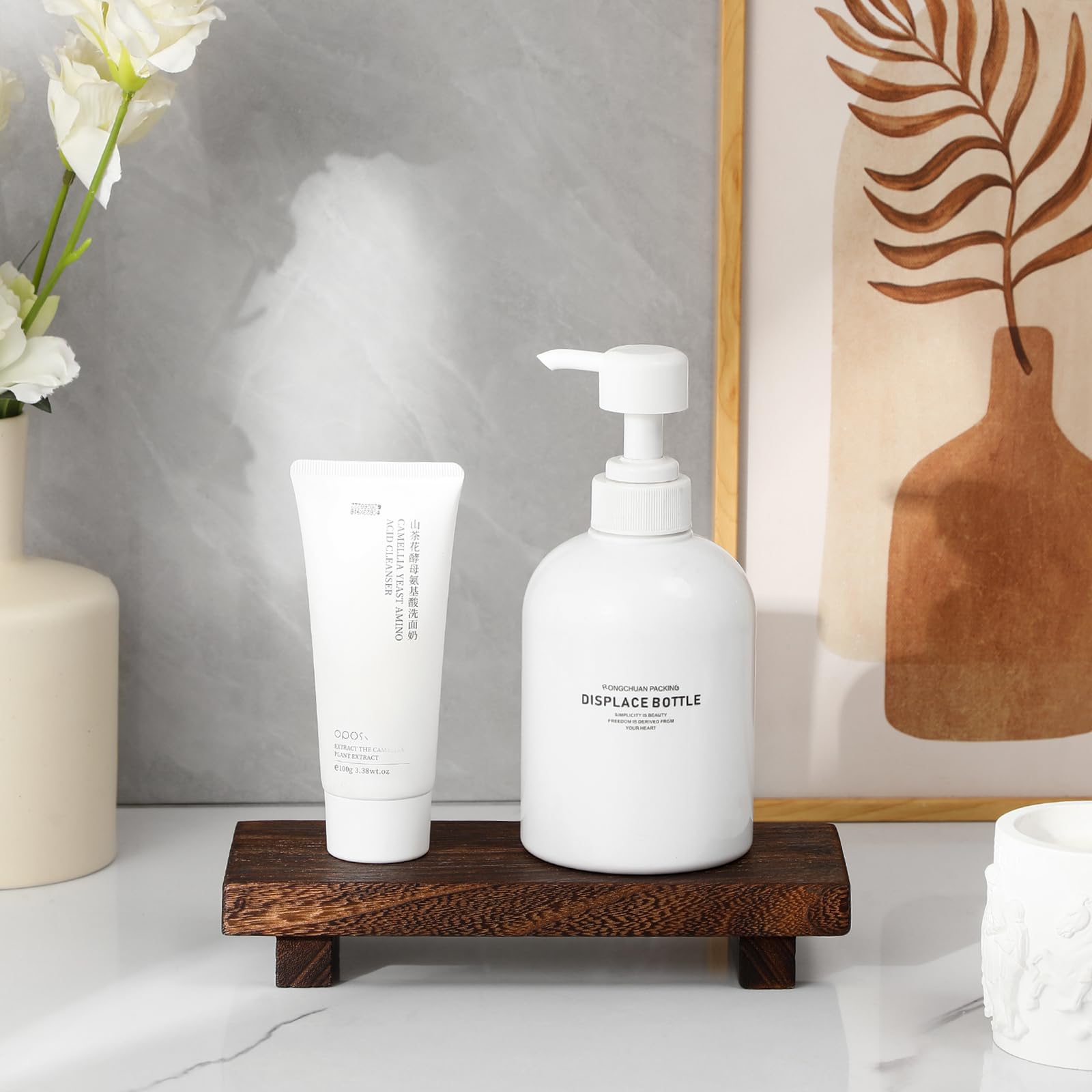 zoocatia Small Wood Tray Pedestal Stand Farmhouse Bathroom Decor Decorative Wooden Riser Kitchen Soap Dish Holder for Vanity, Counter, Sink, 9" x 5.9" - Black