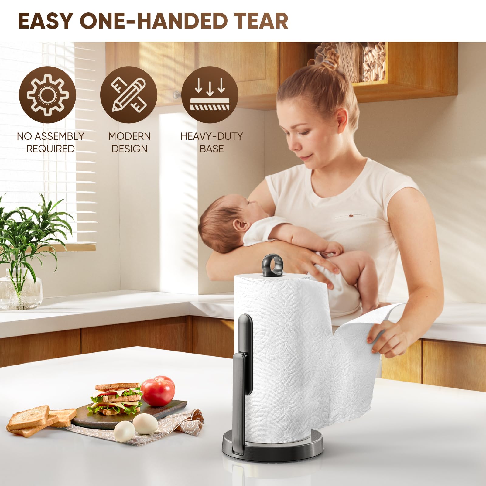 theaoo Heavy-Duty Stainless Steel Paper Towel Holder with Tension Arm – Easy One-Handed Tear, Modern Standing Countertop Dispenser for Kitchen, Holds All Paper Towel Rolls (1, Black)