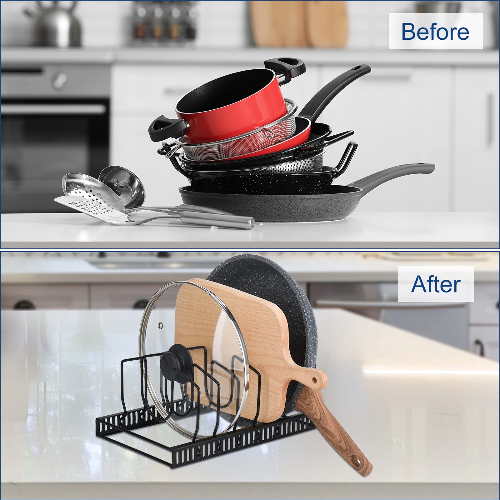 Toplife Pots and Pans Organizer Rack for Cabinet and Countertop, 10+ Pot Lids, Bakeware and Cookware Holder with 10 Adjustable Compartments - Black