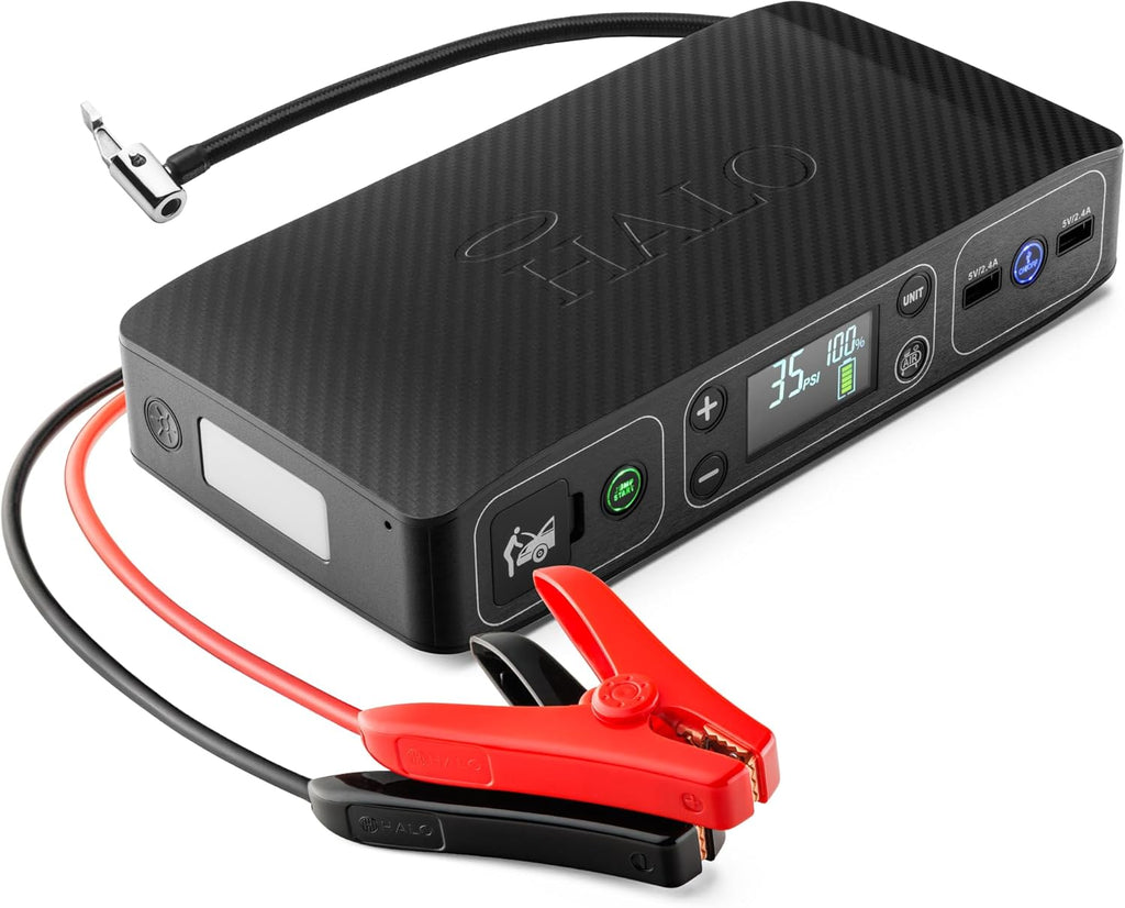 HALO Bolt Air 58830 Portable Car Battery Jump Starter | 100 PSI Air Compressor, 58.8Wh USB Power Bank, Emergency Floodlight & Charger, Jumps Cars SUVs & Trucks, Inflates Tires, TSA Approved — Black