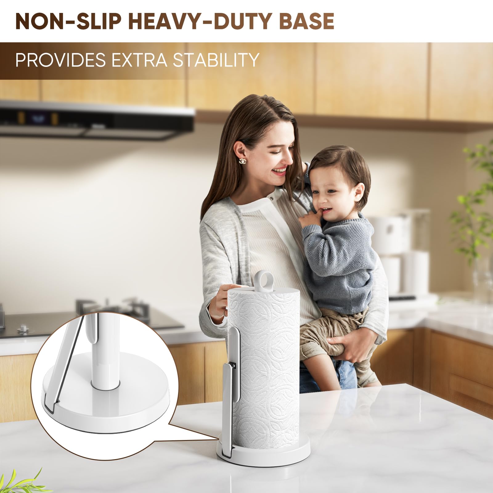 theaoo Heavy-Duty Stainless Steel Paper Towel Holder with Tension Arm – Easy One-Handed Tear, Modern Standing Countertop Dispenser for Kitchen, Holds All Paper Towel Rolls (1, Black)