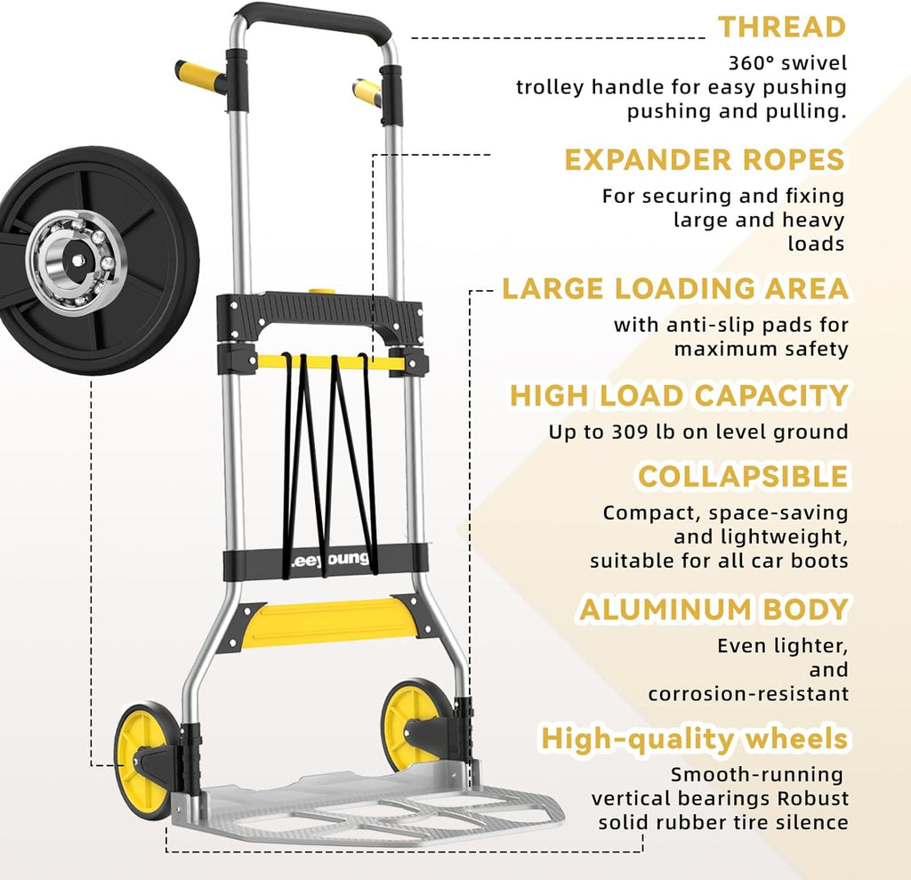 Leeyoung Folding Hand Truck and Dolly,309 lb Capacity Aluminum Portable Cart with Telescoping Handle and PP+EVA Wheels