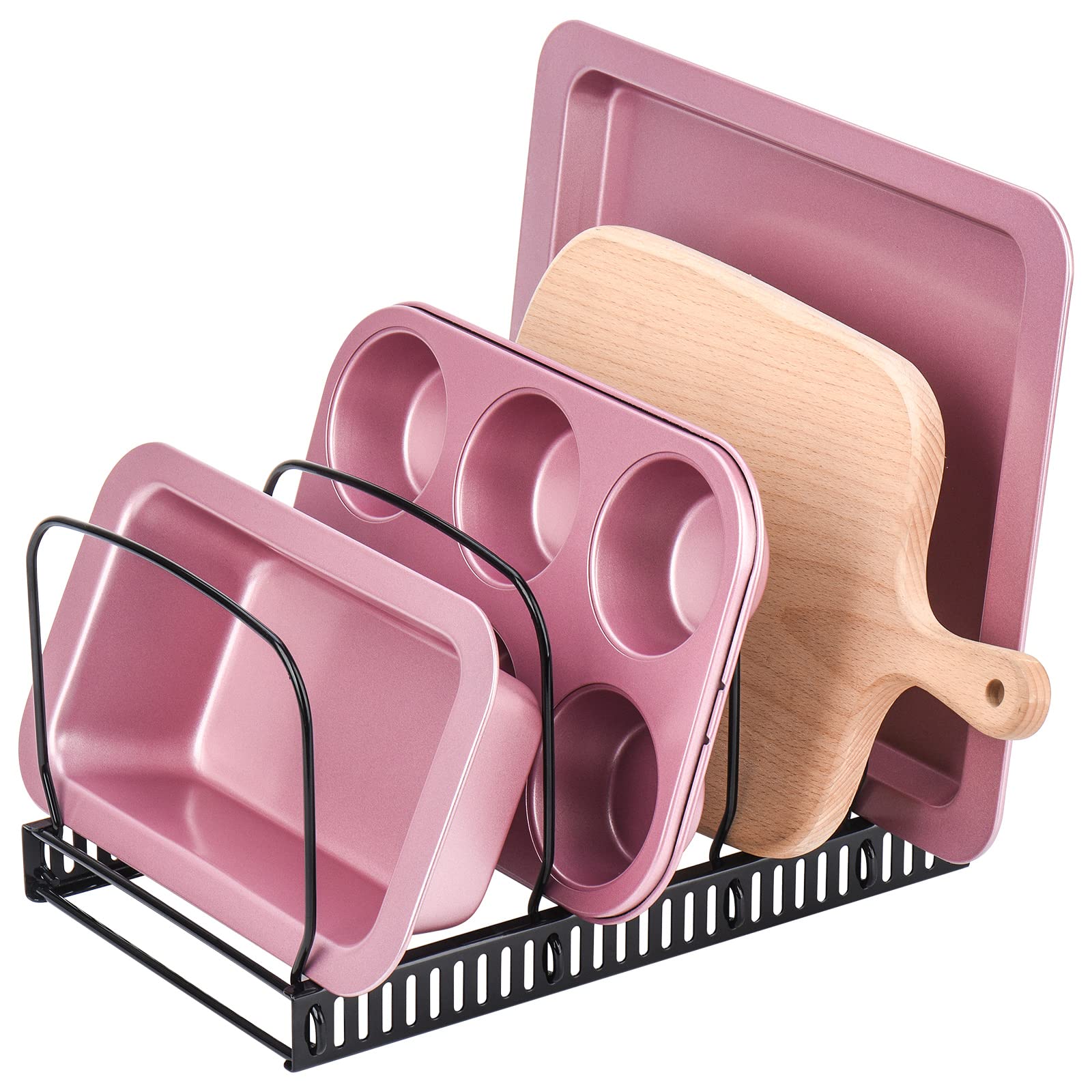 Toplife Pots and Pans Organizer Rack for Cabinet and Countertop, 10+ Pot Lids, Bakeware and Cookware Holder with 10 Adjustable Compartments - Black