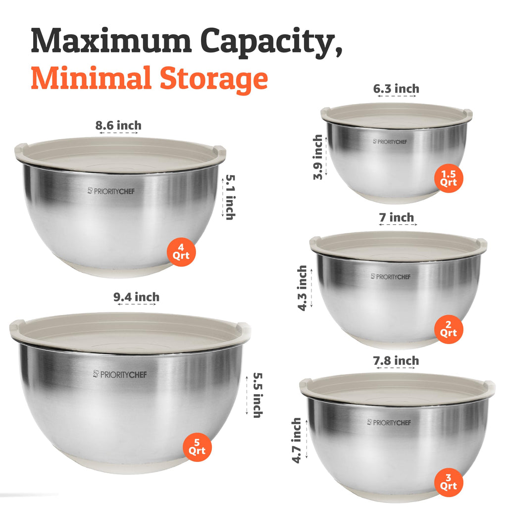 Priority Chef Premium Mixing Bowls With Lids Set, Airtight Lids, Thicker Stainless Steel, Non-Slip Base, 5 Nesting Steel Bowls for Kitchen, Large Prep Metal Bowl Set 1.5/2/3/4/5 Qt, Black
