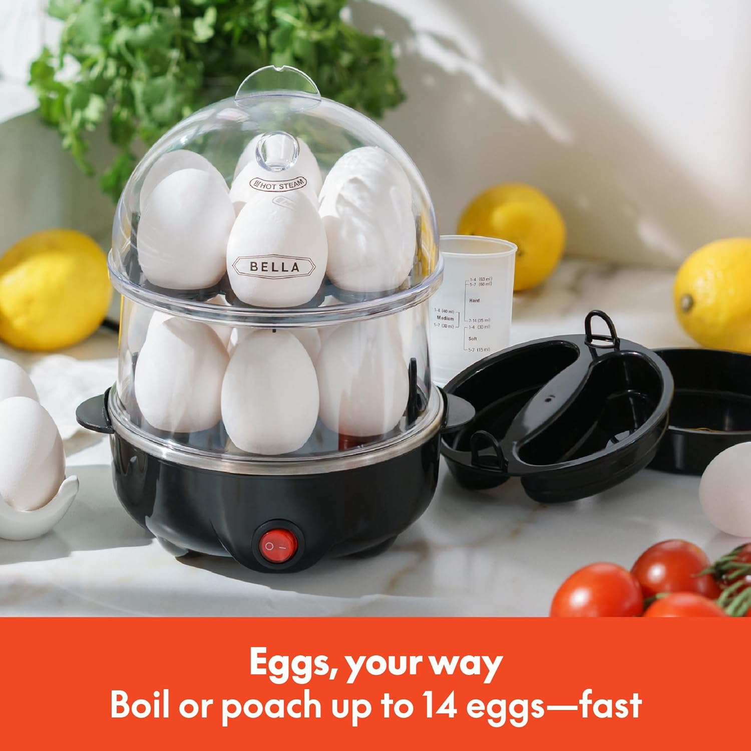 BELLA Double Tier Egg Cooker, Rapid Boiler & Poacher, Meal Prep Essential, Family Sized Meals: Make Up To 14 Large Boiled Eggs, Dishwasher Safe Parts, Poaching Tray Included, Black