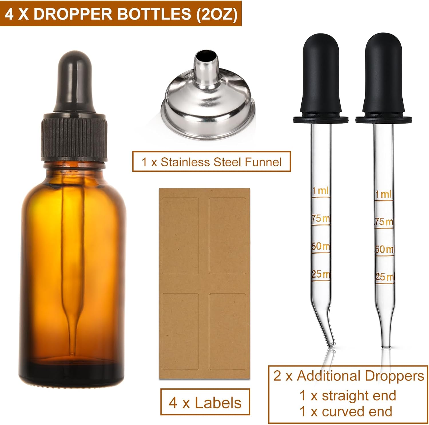 4 Pack, 2 oz Bottles with Dropper & 1 Funnel & 4 Labels - Essential Oils Bottles for Health, Personal Care & Beauty - 60ml Thick Dark Amber Glass Tincture Bottles, Refillable Cosmetic Containers