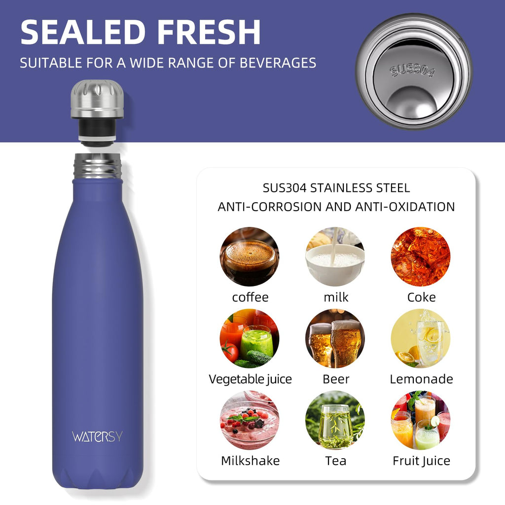 WATERSY Stainless Steel water bottles,17oz/500ml Insulated Water Bottles,Deep Blue metal water bottle Keeps Drink Cold and Hot,BPA Free kids water bottles for School,Gym,Travel,Sports