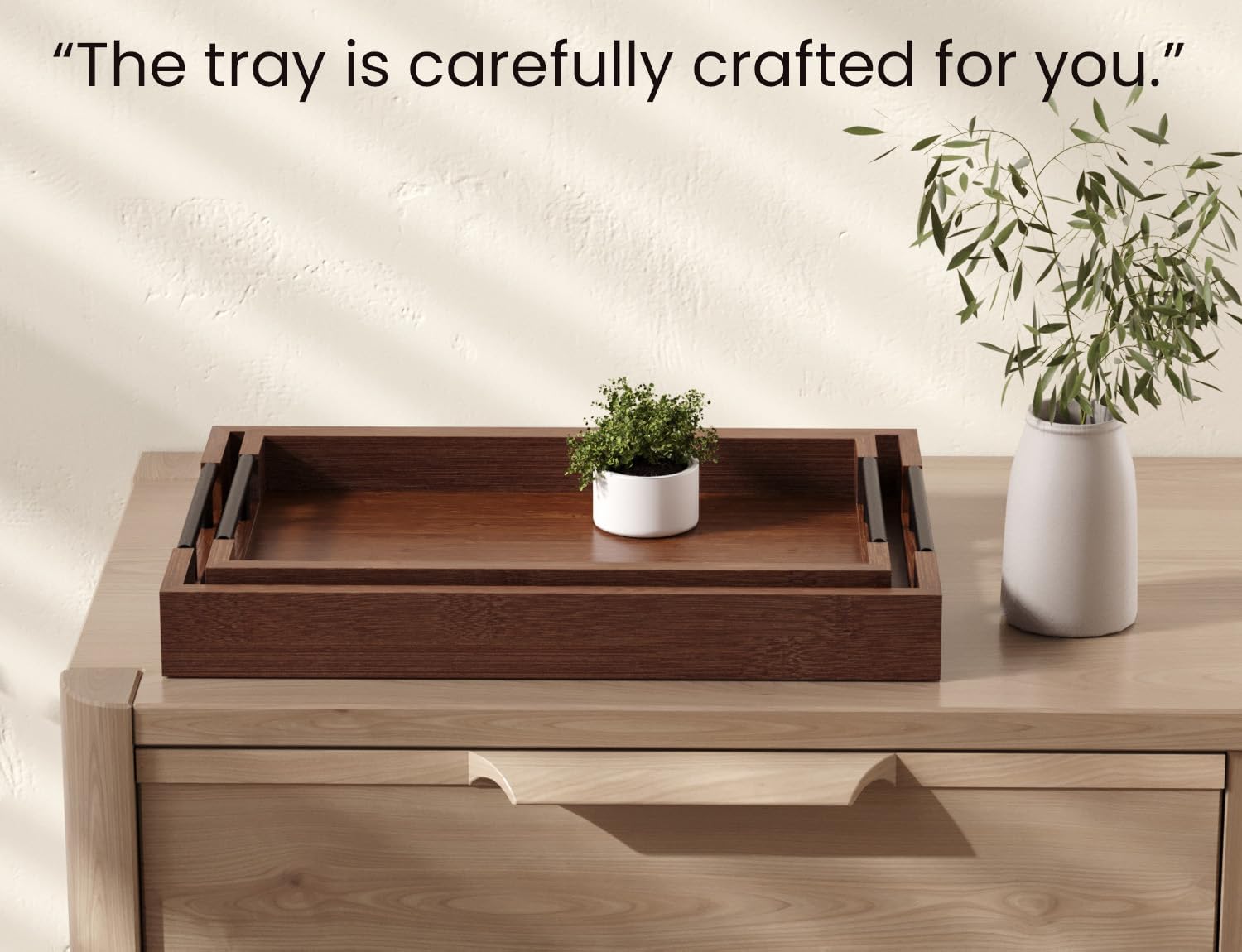 Bamboo Set of 2 Serving Tray with Metal Handles,Ottoman Decorative Trays Platter for Coffee Table,Living Room,Bar,Party(Black)