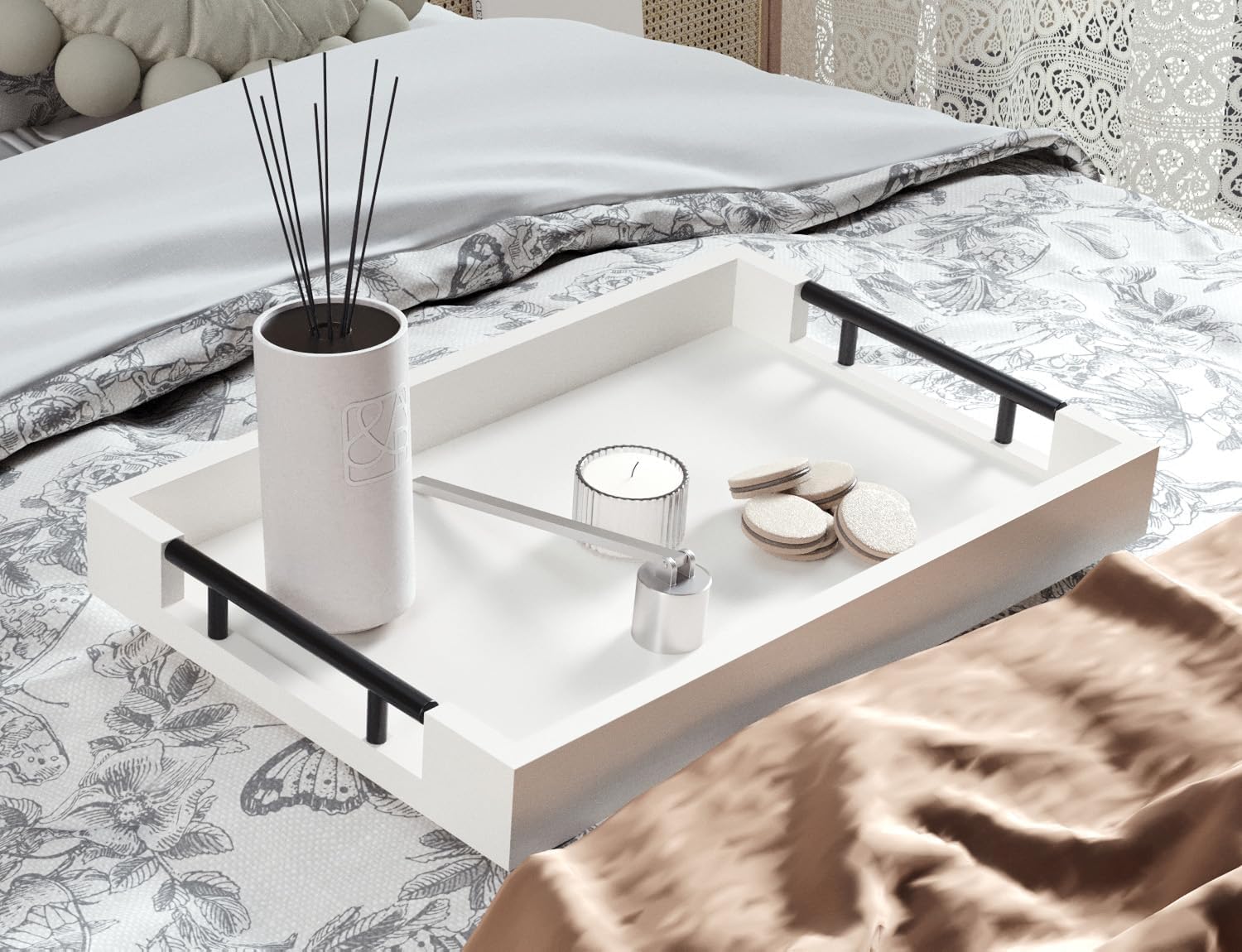 Bamboo Set of 2 Serving Tray with Metal Handles,Ottoman Decorative Trays Platter for Coffee Table,Living Room,Bar,Party(Black)