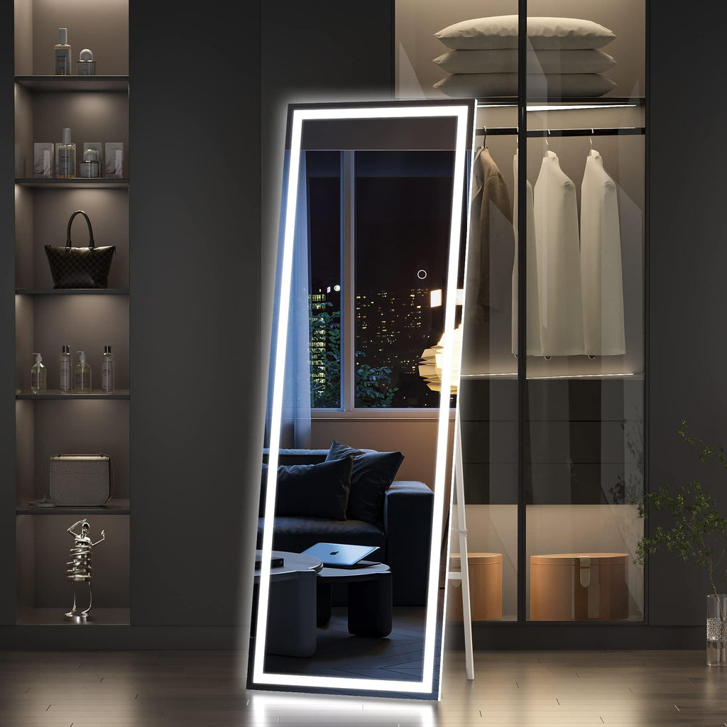 Hasipu Full Length Mirror with Lights, 79" x 36" LED Lighted Floor Standing, Full Body Dressing Hanging Mounted Mirror, Tempered Glass, Square Black