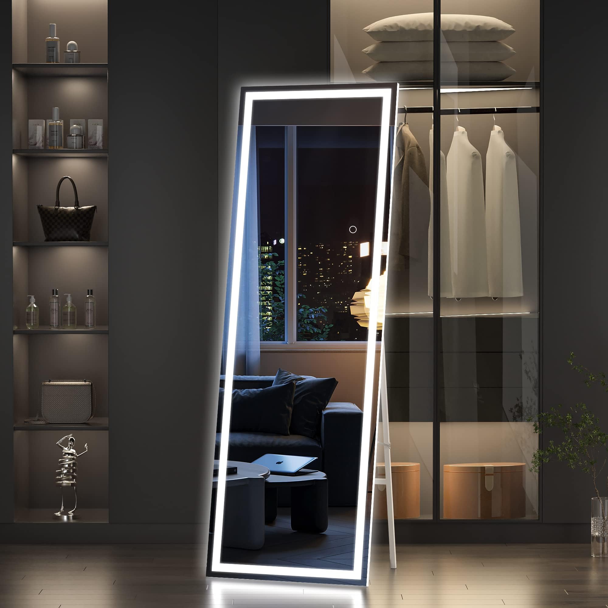 Hasipu Full Length Mirror with Lights, 79" x 36" LED Lighted Floor Standing, Full Body Dressing Hanging Mounted Mirror, Tempered Glass, Square Black