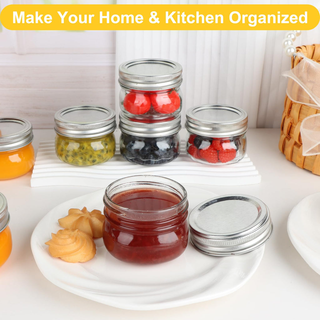24 Pack 4 oz Mason Jars with Regular Lids and Bands, Small Canning Jars, Mini Glass Jars for Honey Jelly Jam Crafts