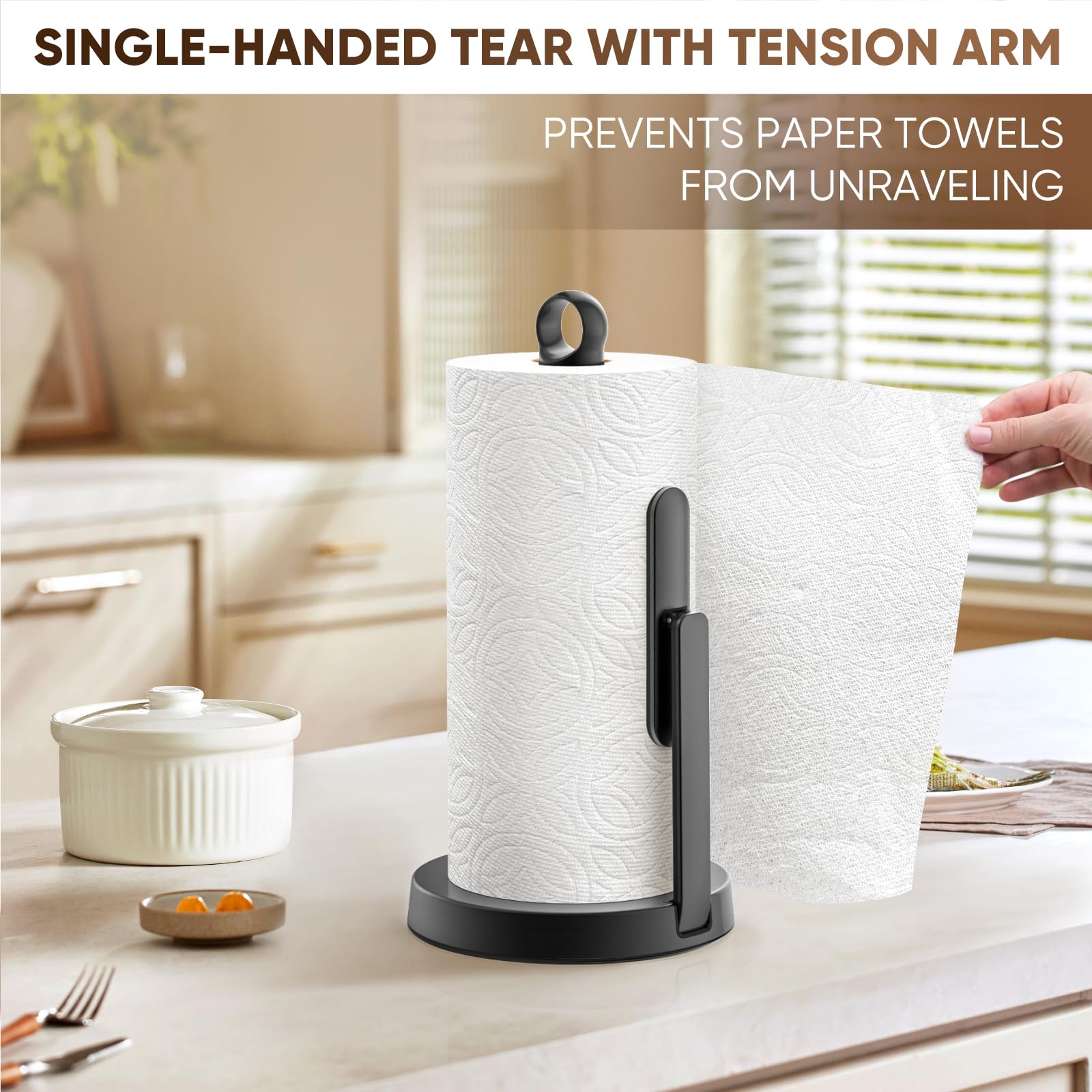 theaoo Heavy-Duty Stainless Steel Paper Towel Holder with Tension Arm – Easy One-Handed Tear, Modern Standing Countertop Dispenser for Kitchen, Holds All Paper Towel Rolls (1, Black)