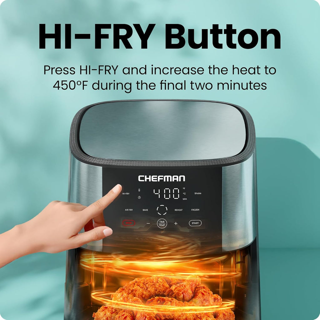 Chefman Air Fryer 8 Qt | TurboFry® 4-in-1 with 450°F Hi-Fry Option for Crispier Results | Bake, Dehydrate, Frozen | XL Nonstick Dishwasher-Safe Basket | Stainless Steel