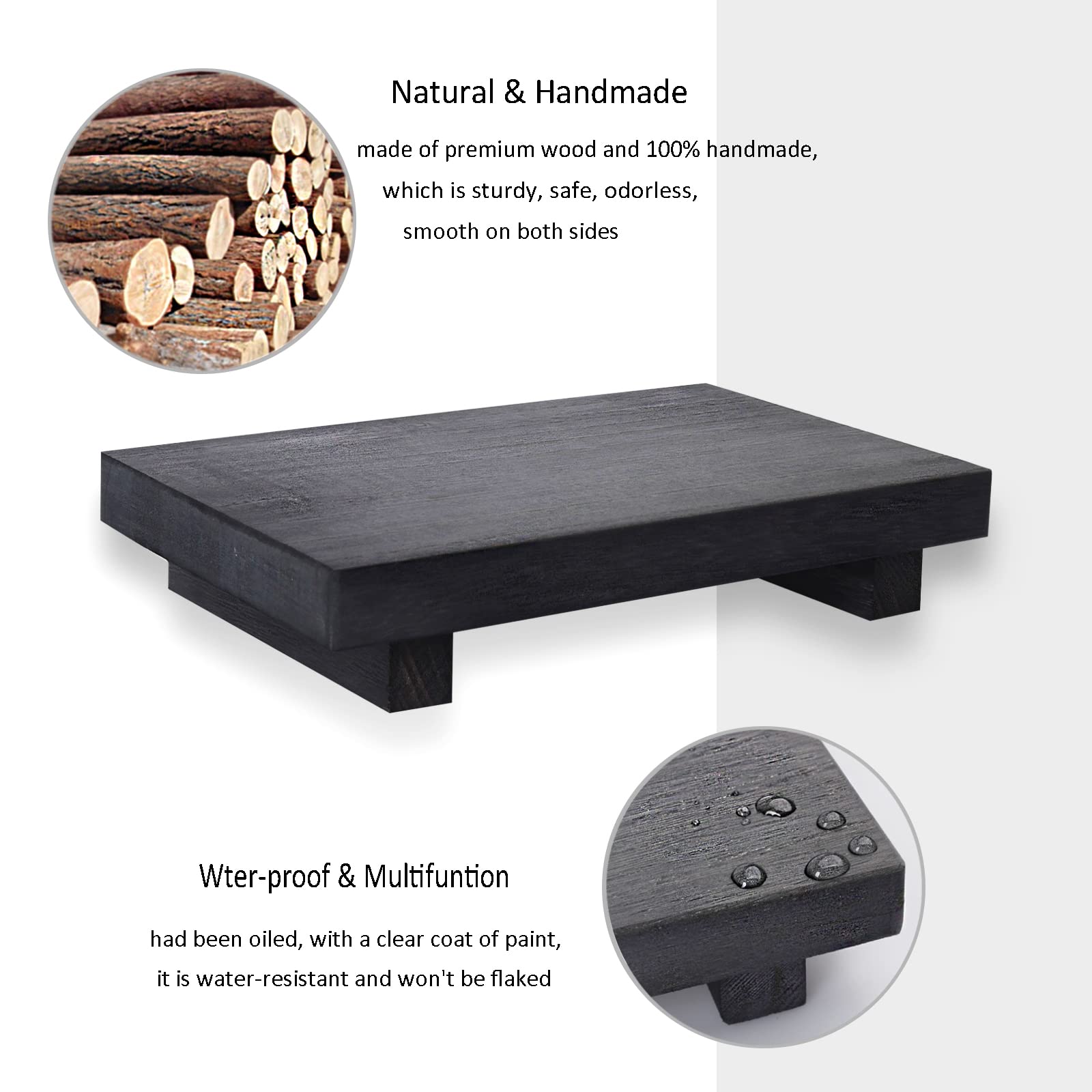 zoocatia Small Wood Tray Pedestal Stand Farmhouse Bathroom Decor Decorative Wooden Riser Kitchen Soap Dish Holder for Vanity, Counter, Sink, 9" x 5.9" - Black