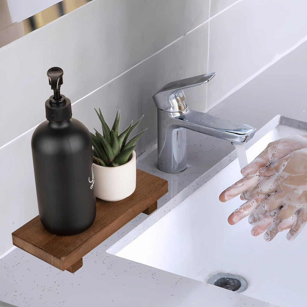 zoocatia Small Wood Tray Pedestal Stand Farmhouse Bathroom Decor Decorative Wooden Riser Kitchen Soap Dish Holder for Vanity, Counter, Sink, 9" x 5.9" - Black