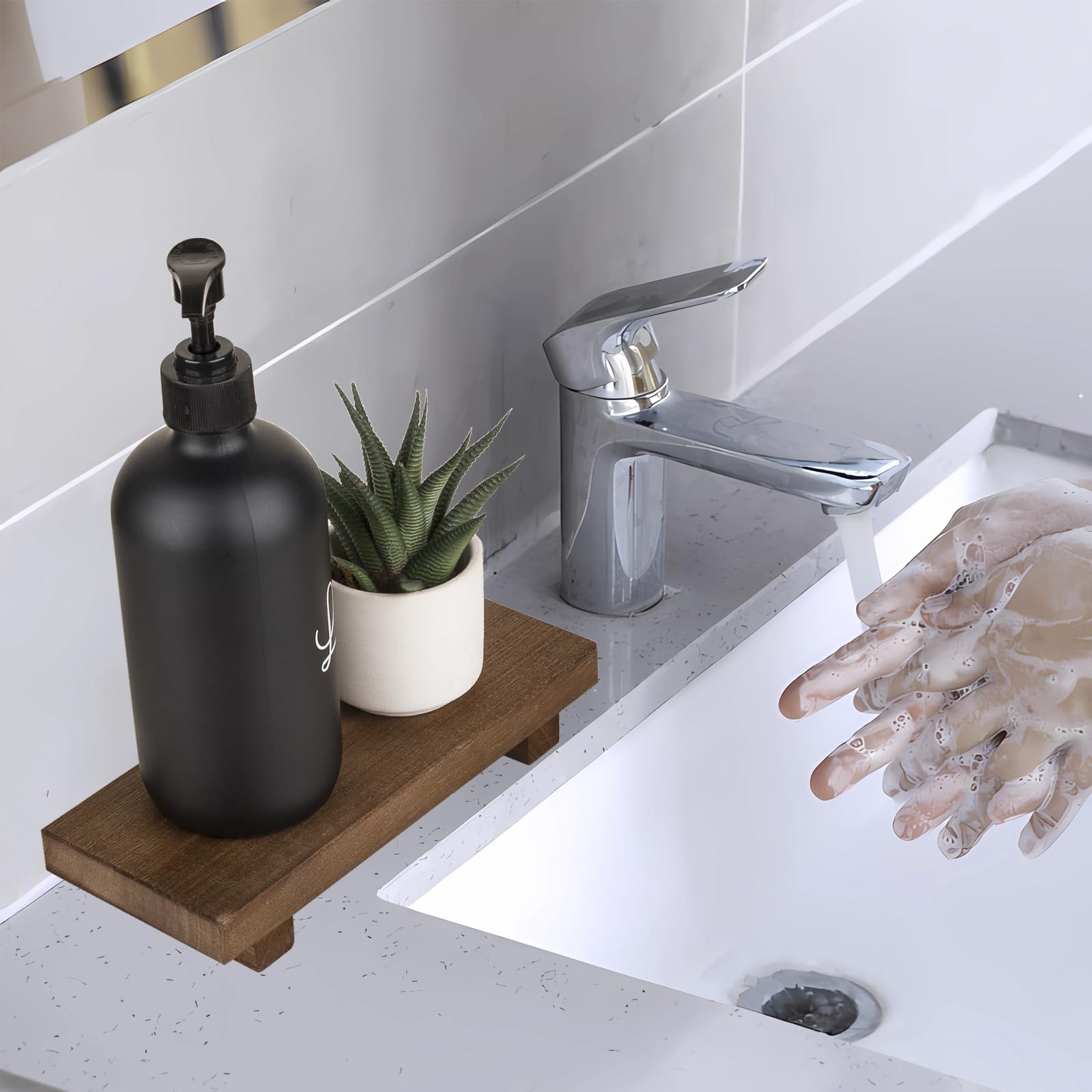 zoocatia Small Wood Tray Pedestal Stand Farmhouse Bathroom Decor Decorative Wooden Riser Kitchen Soap Dish Holder for Vanity, Counter, Sink, 9" x 5.9" - Black