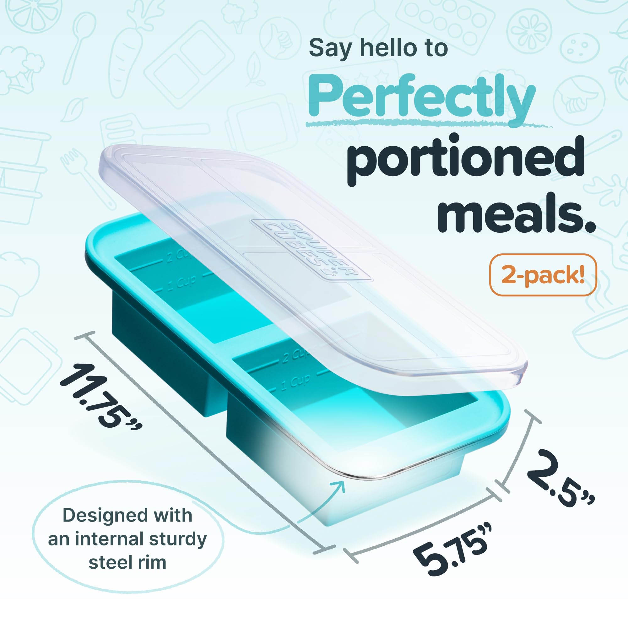Souper Cubes 2 Cup Silicone Freezer Molds with Lids – Soup Cubes for Freezing Lasagna, Leftovers, Soups, Sauces, Casseroles, Meal Prep Meals and More – Aqua 2-Pack