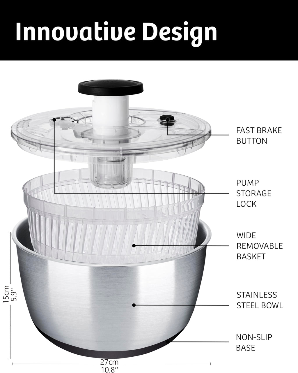 Stainless Steel Pump Salad Spinner Large - Easy Compact Kitchen Tool - Stainless Steel Bowl, Drain & Colander - Lettuce Spinner, Vegetable Dryer, Fruit Washer, Pasta & Fries Produce Strainer - 6.33 Qt