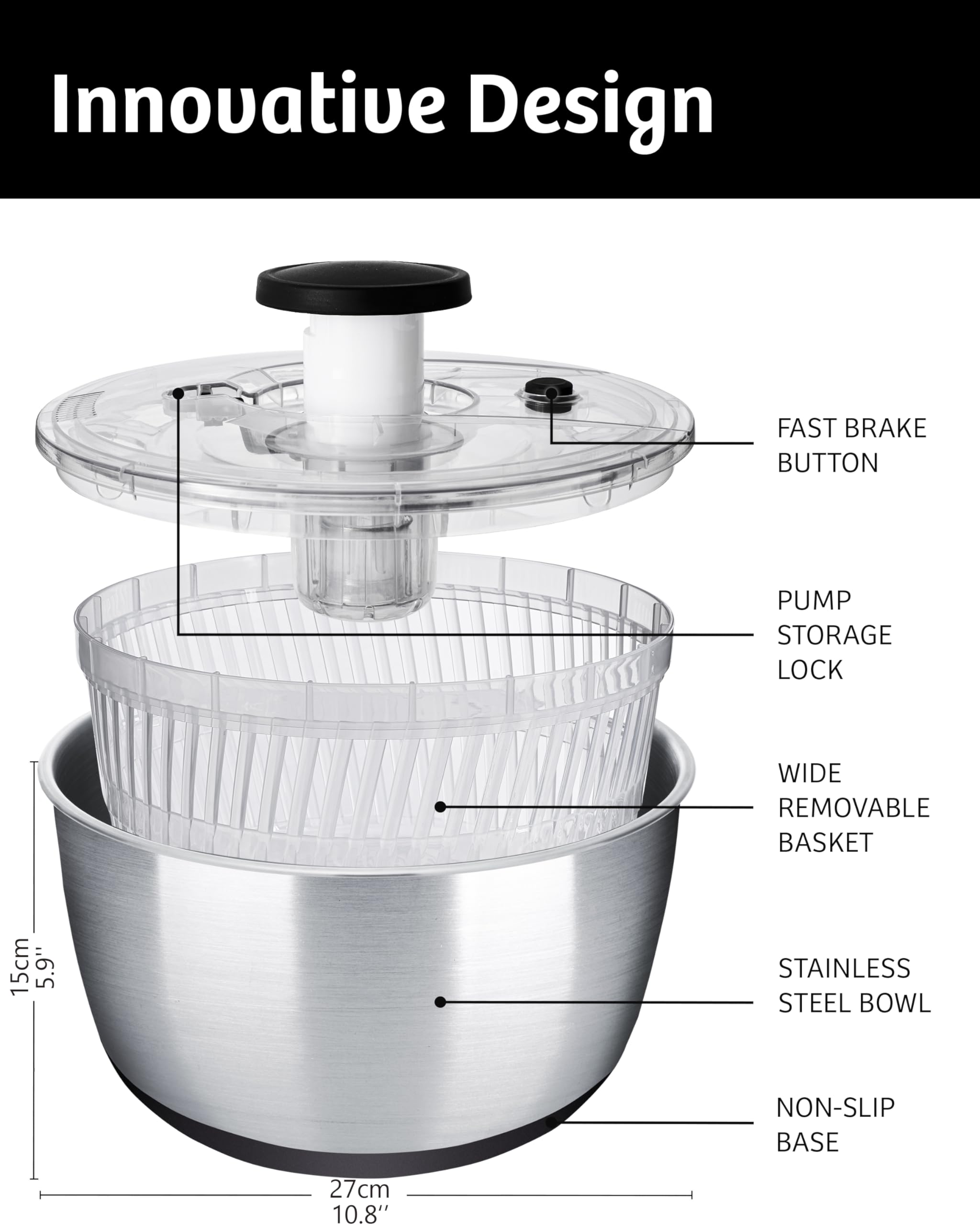 Stainless Steel Pump Salad Spinner Large - Easy Compact Kitchen Tool - Stainless Steel Bowl, Drain & Colander - Lettuce Spinner, Vegetable Dryer, Fruit Washer, Pasta & Fries Produce Strainer - 6.33 Qt