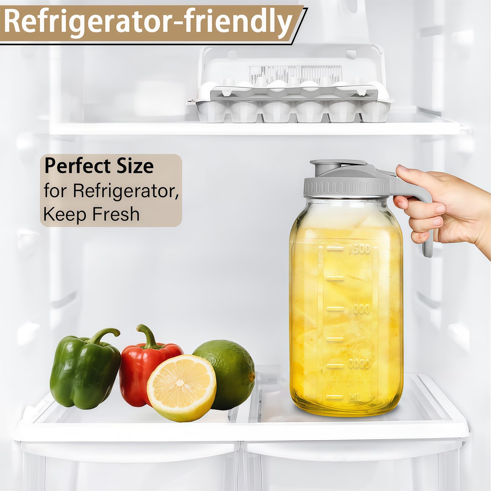 64oz Glass Pitcher with Handle and Lid, 2 Quart Mason Jar Pitcher - Airtight & Leakproof Water Jug with Pour Spout Lid, Glass Containers for Fridge, Perfect for Juice, Cold Brew, Iced & Sun Tea