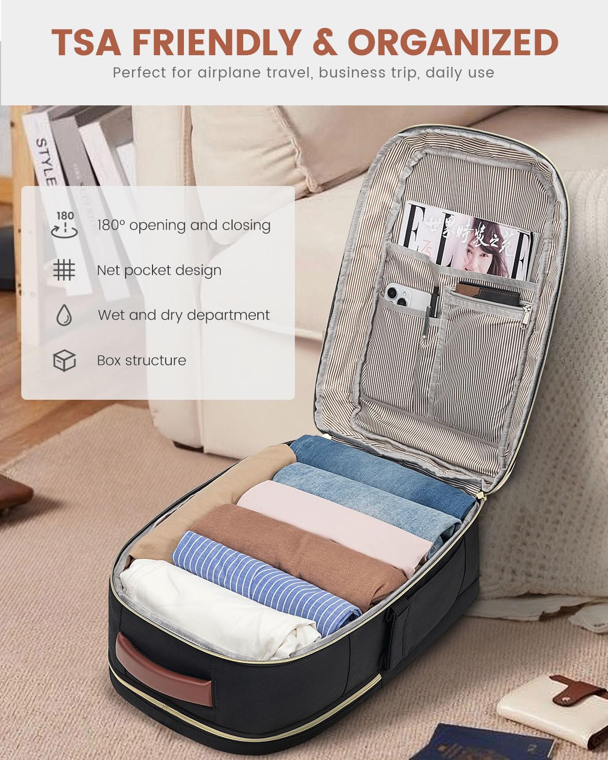 LOVEVOOK Carry On Travel Backpack For Women Men Flight Approved, 40L Personal Item Backpack for Airplanes, Business Weekender Overnight Daypack Fits 17 Inch Laptop, With 2 Packing Cubes, Black