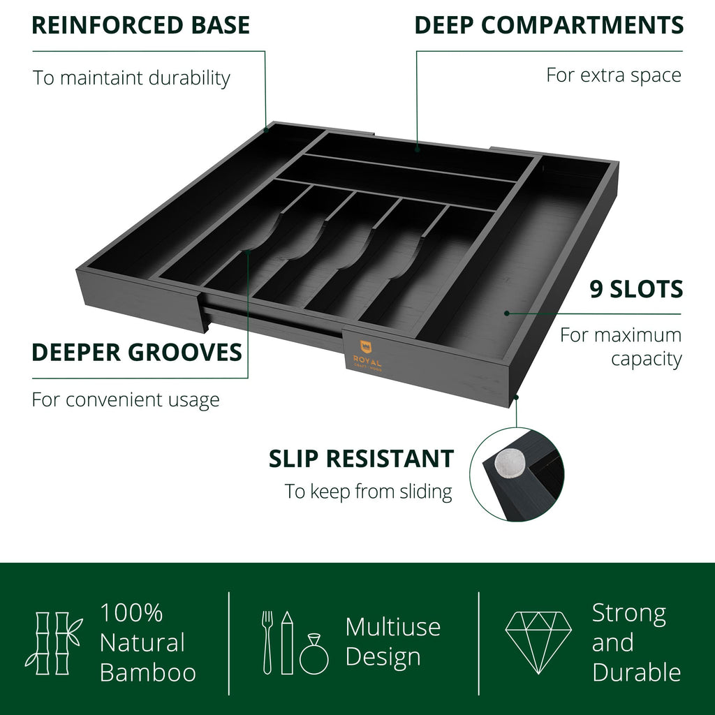 ROYAL CRAFT WOOD Luxury Bamboo Kitchen Drawer Organizer - Silverware Organizer, Utensil Holder & Cutlery Tray Drawer Dividers for Flatware (9 Slot, Natural)