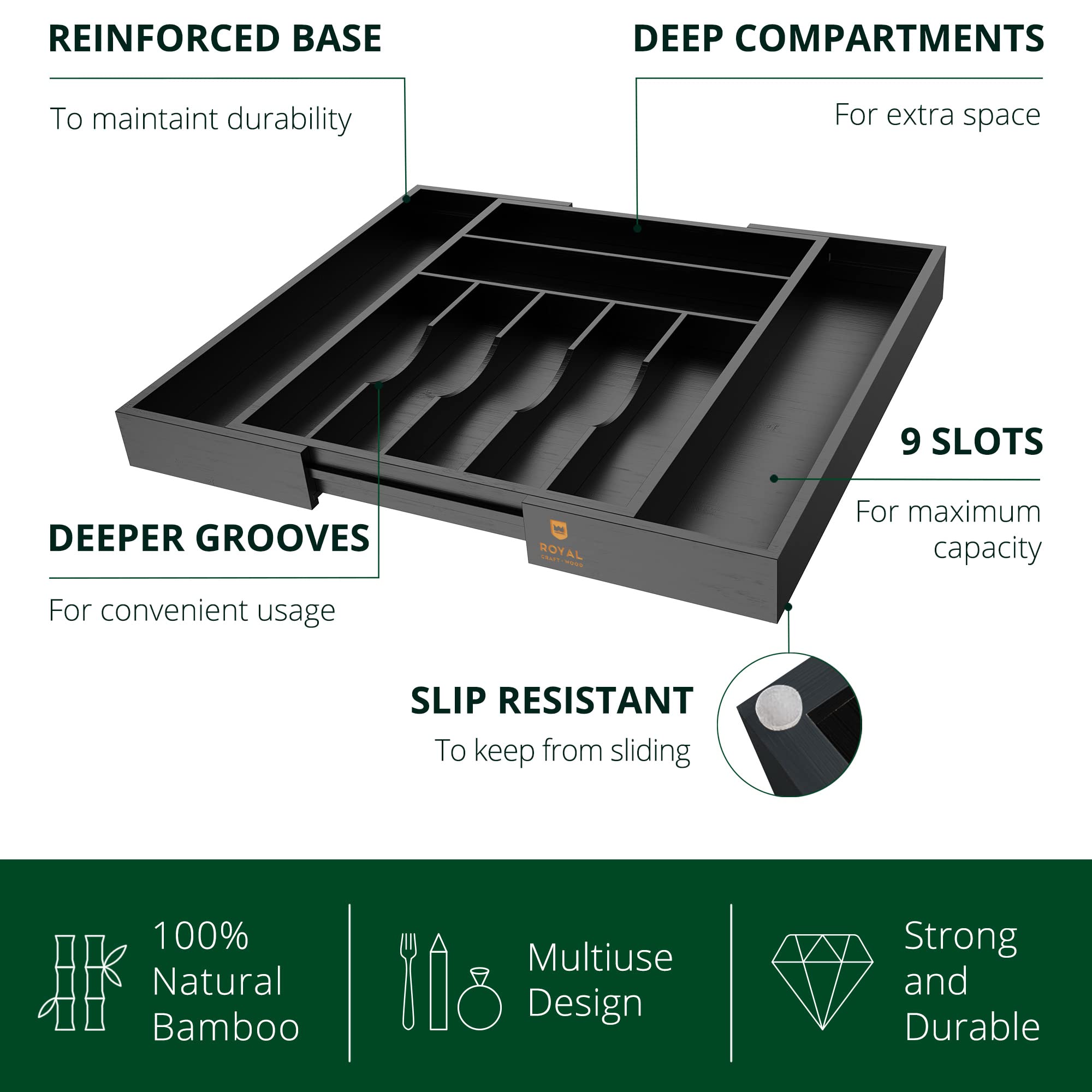 ROYAL CRAFT WOOD Luxury Bamboo Kitchen Drawer Organizer - Silverware Organizer, Utensil Holder & Cutlery Tray Drawer Dividers for Flatware (9 Slot, Natural)